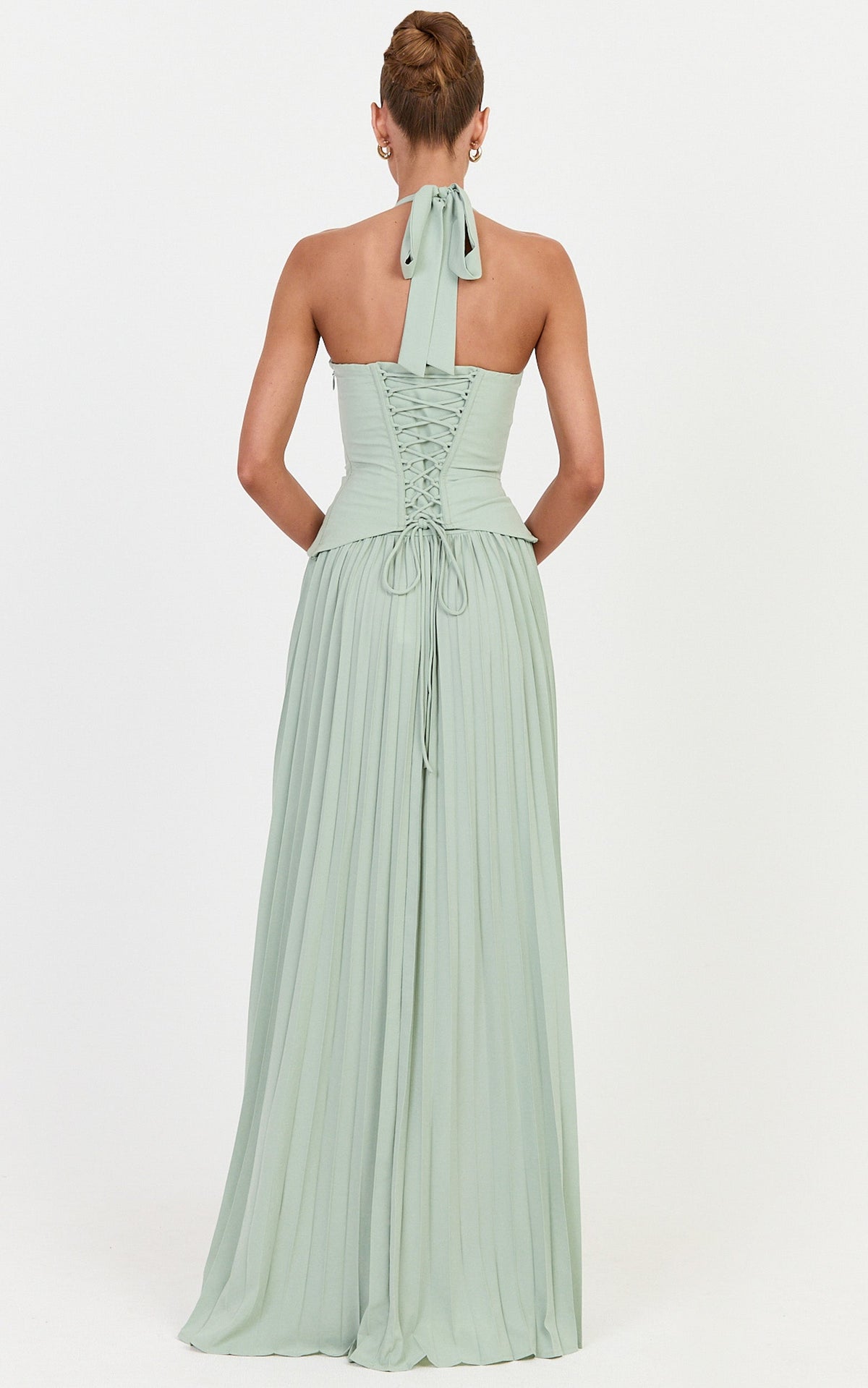 Dani Two Piece Top and Skirt Set - Corset Halter Top And Pleated Skirt Set in Green