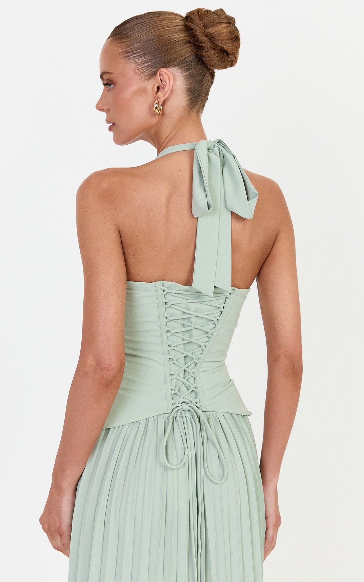 Dani Two Piece Top and Skirt Set - Corset Halter Top And Pleated Skirt Set in Green