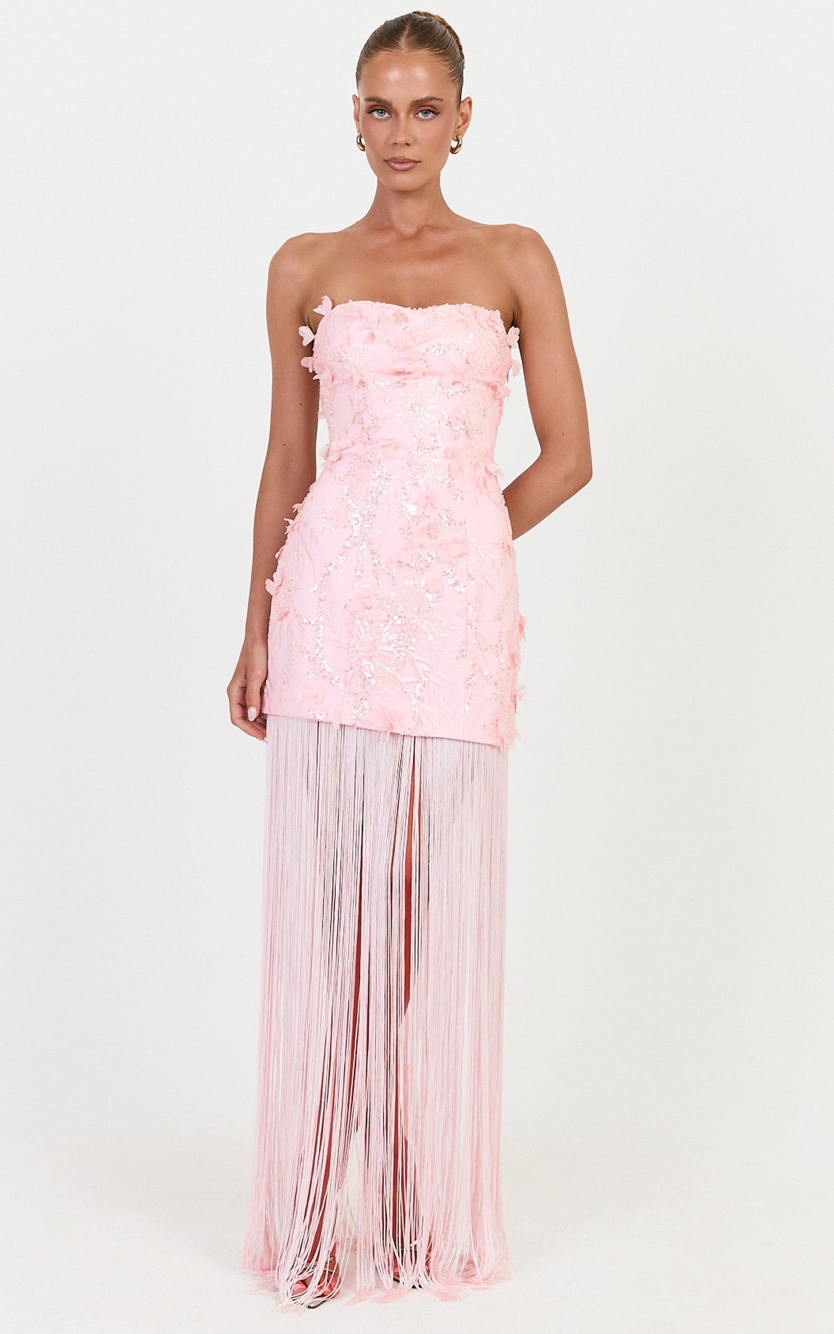 Ellie Maxi Dress - Embellished 3D Floral Bodice Drop Waist With Fringe Skirt in Pink