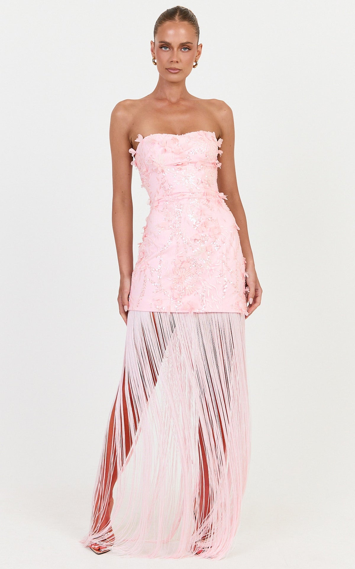 Ellie Maxi Dress - Embellished 3D Floral Bodice Drop Waist With Fringe Skirt in Pink