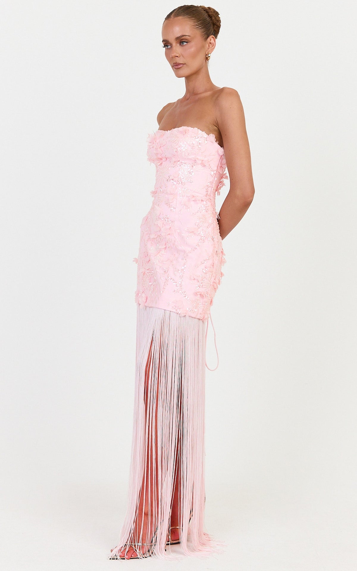 Ellie Maxi Dress - Embellished 3D Floral Bodice Drop Waist With Fringe Skirt in Pink
