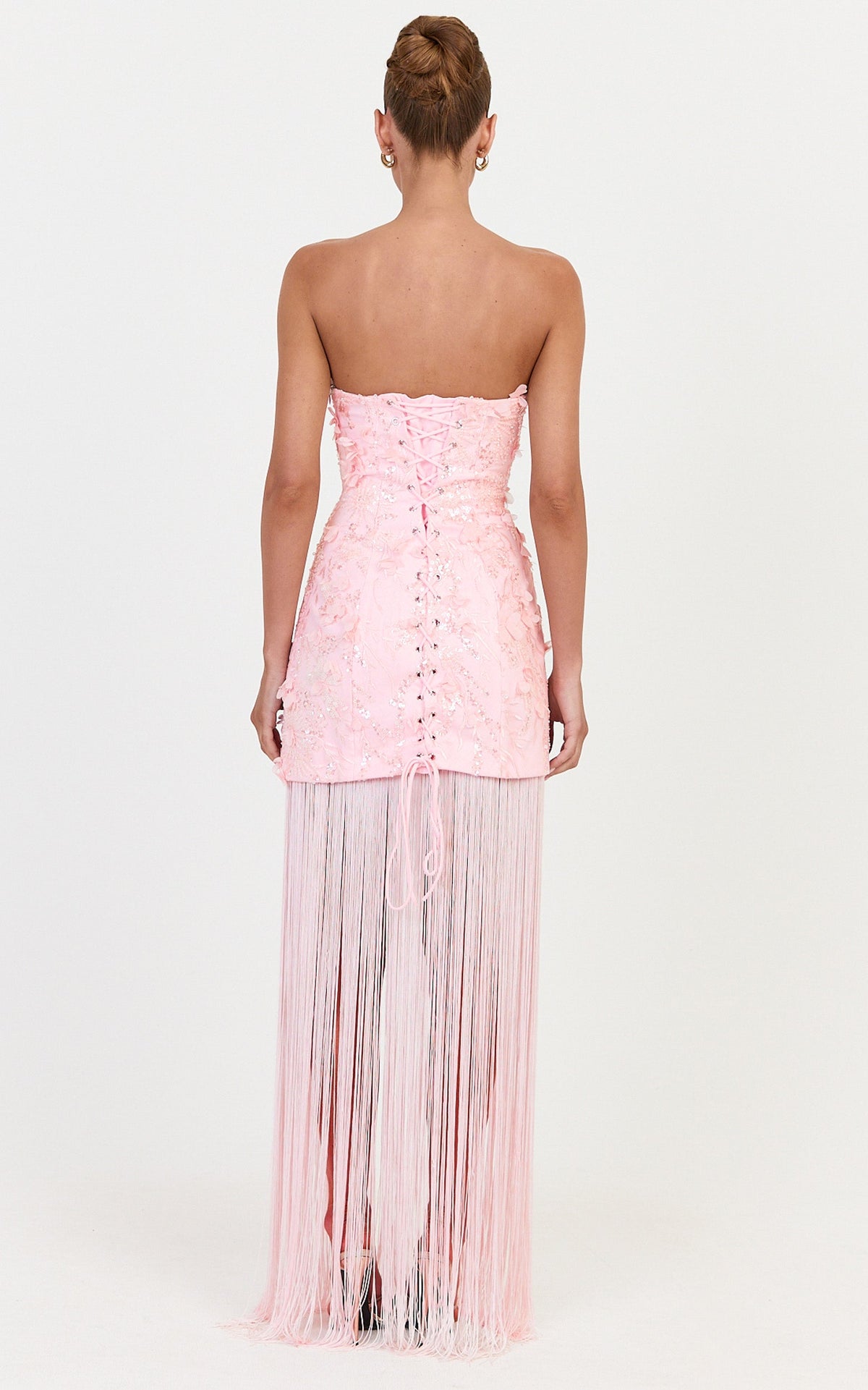 Ellie Maxi Dress - Embellished 3D Floral Bodice Drop Waist With Fringe Skirt in Pink