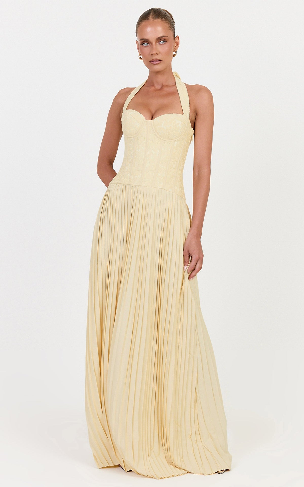 Malia Maxi Dress - Lace Corset Bodice Contrast Pleated Skirt Halter Dress in Lemon