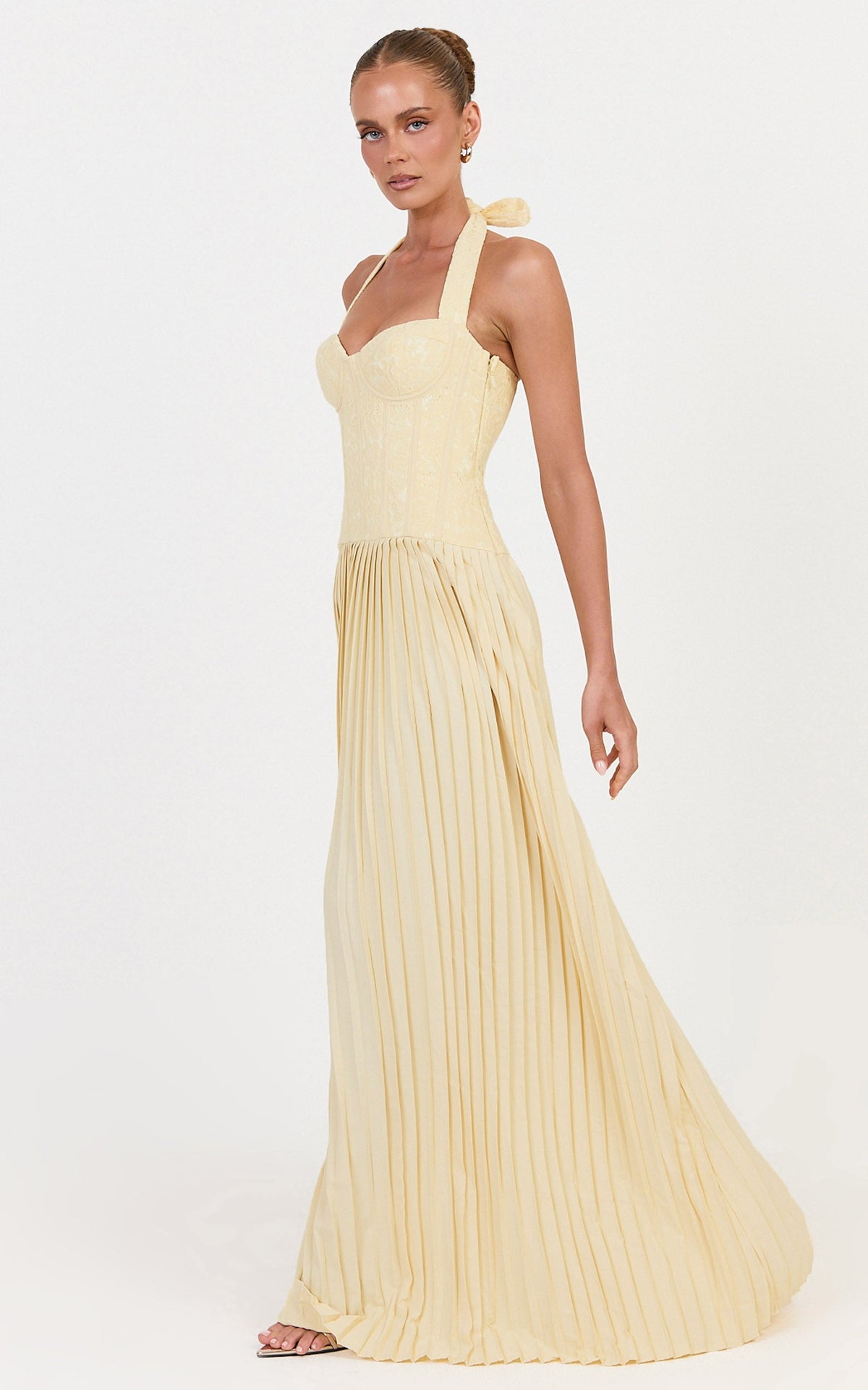 Malia Maxi Dress - Lace Corset Bodice Contrast Pleated Skirt Halter Dress in Lemon