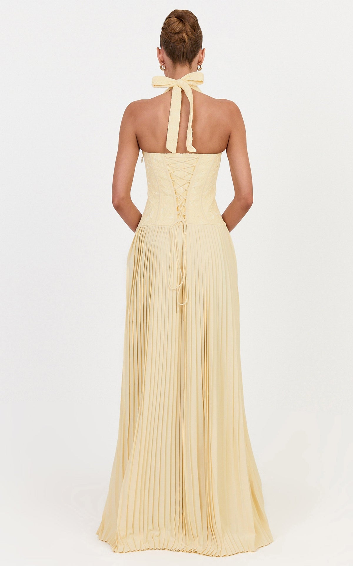 Malia Maxi Dress - Lace Corset Bodice Contrast Pleated Skirt Halter Dress in Lemon