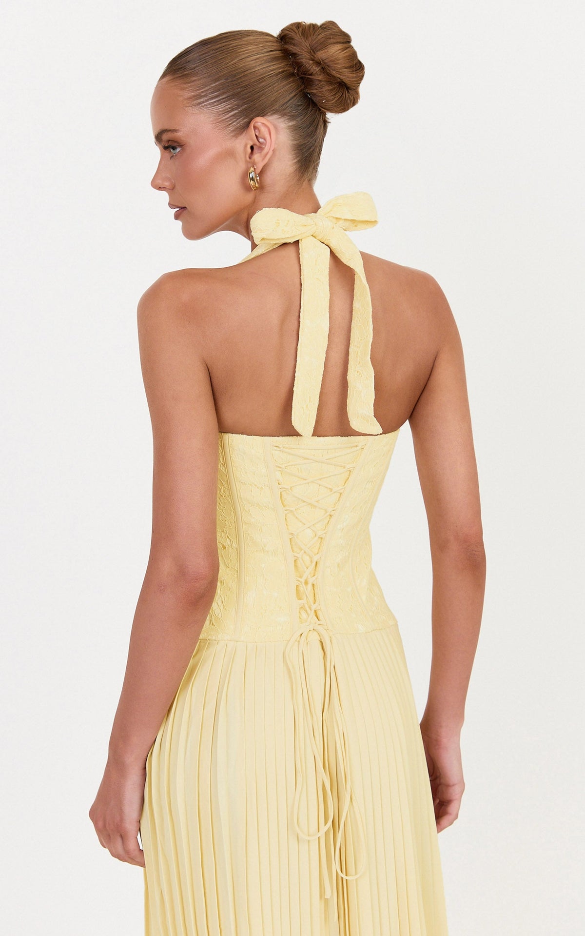 Malia Maxi Dress - Lace Corset Bodice Contrast Pleated Skirt Halter Dress in Lemon