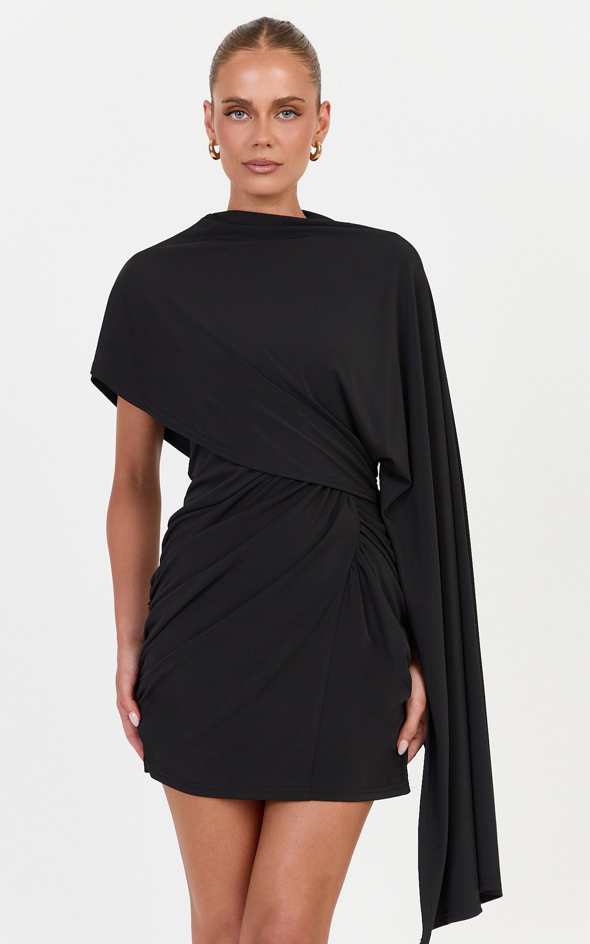 Everly Mini Dress - Asymmetrical Draped Dress in Black
