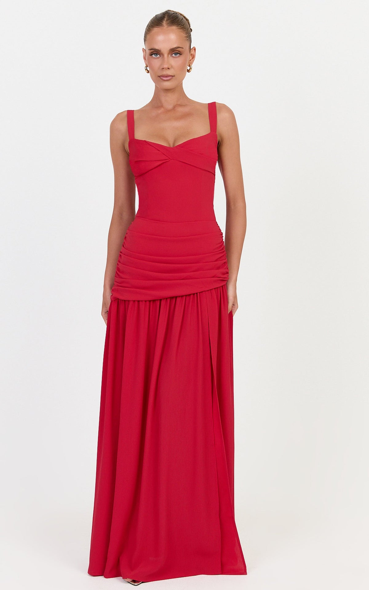Freya Maxi Dress - Twist Bust Detail Drop Waist Dress in Red