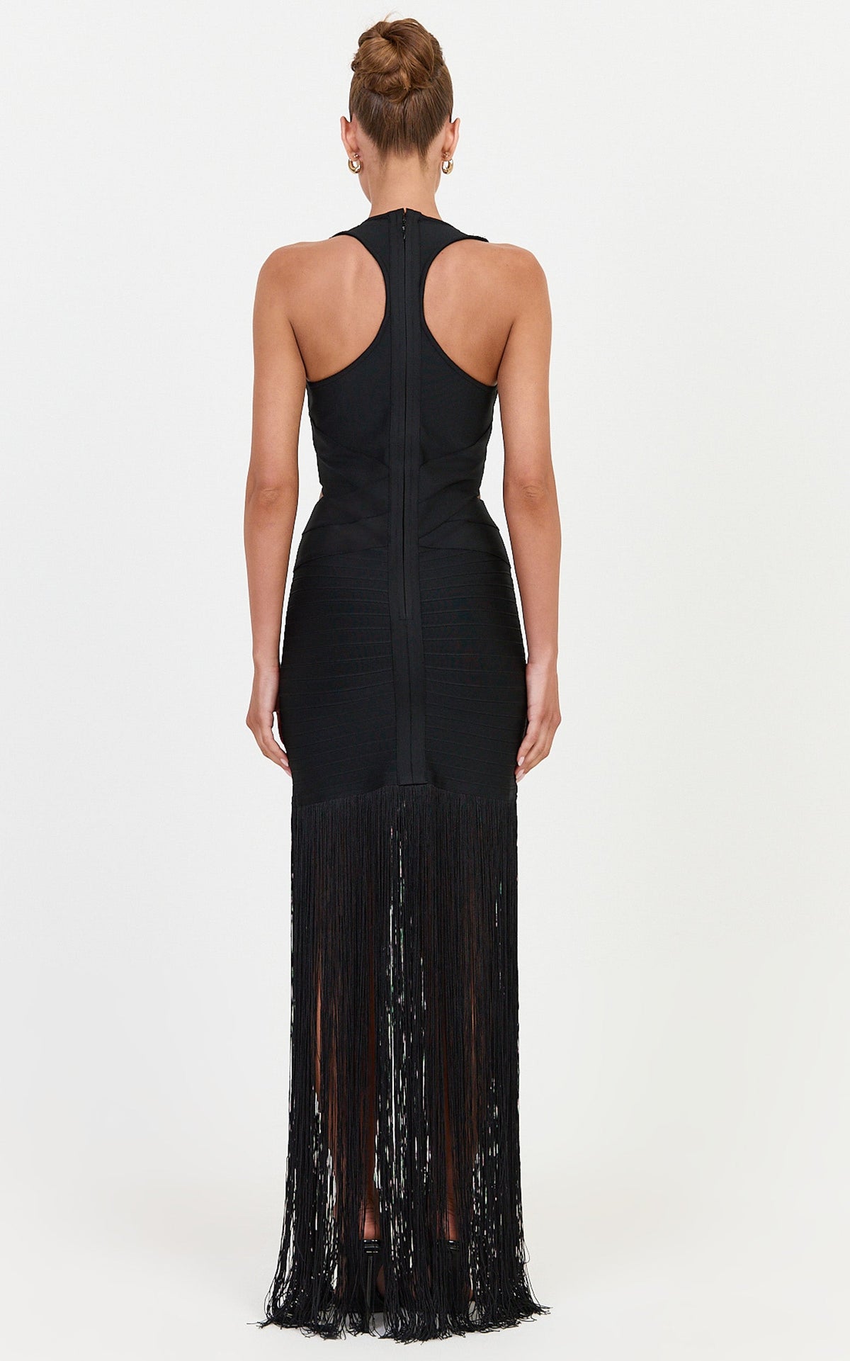 Josephine Maxi Dress - Halter Bandage Dress With Fringe Skirt in Black