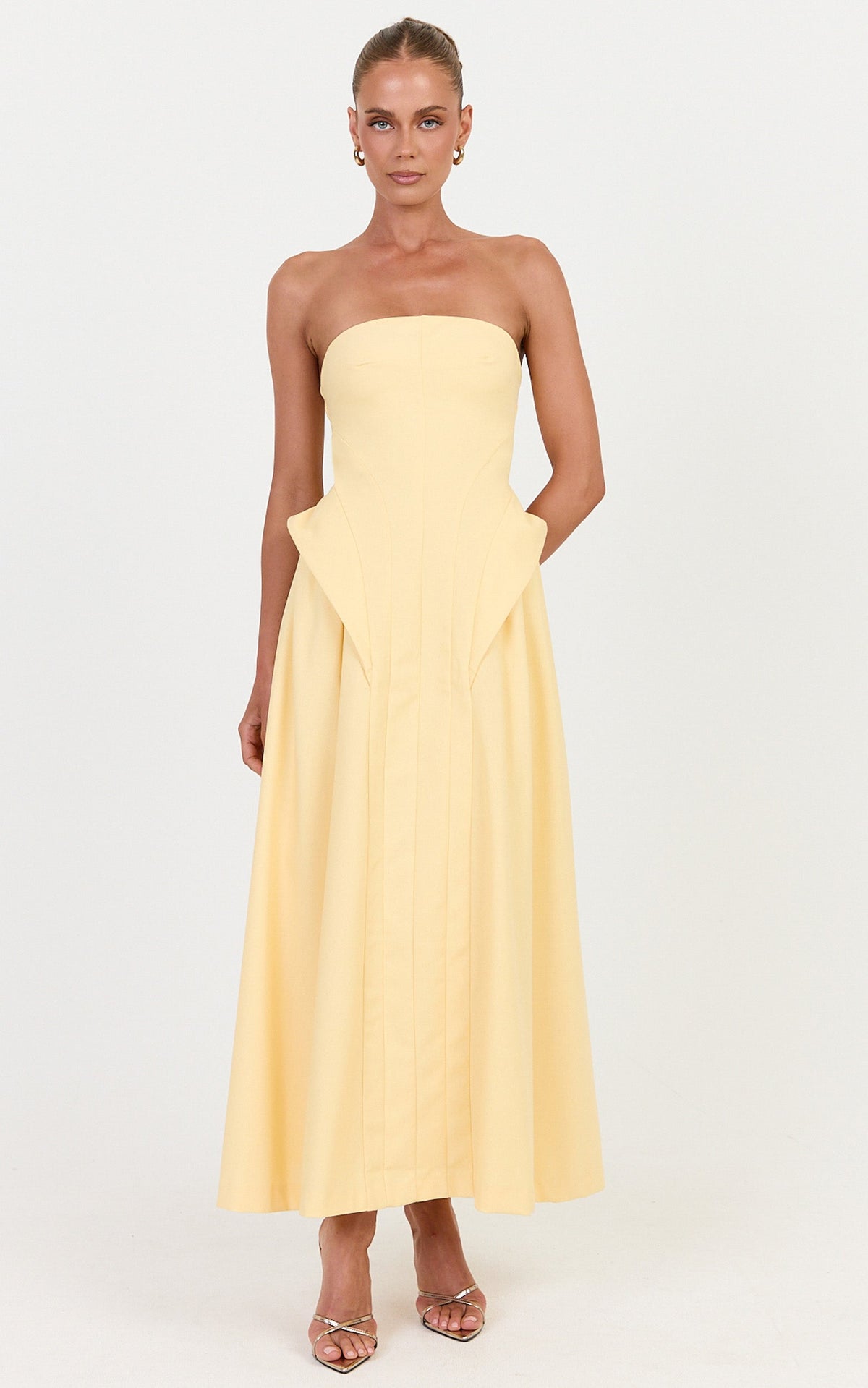 Joy Maxi Dress - Strapless Structured Dress With Gathered Hip Detail in Lemon