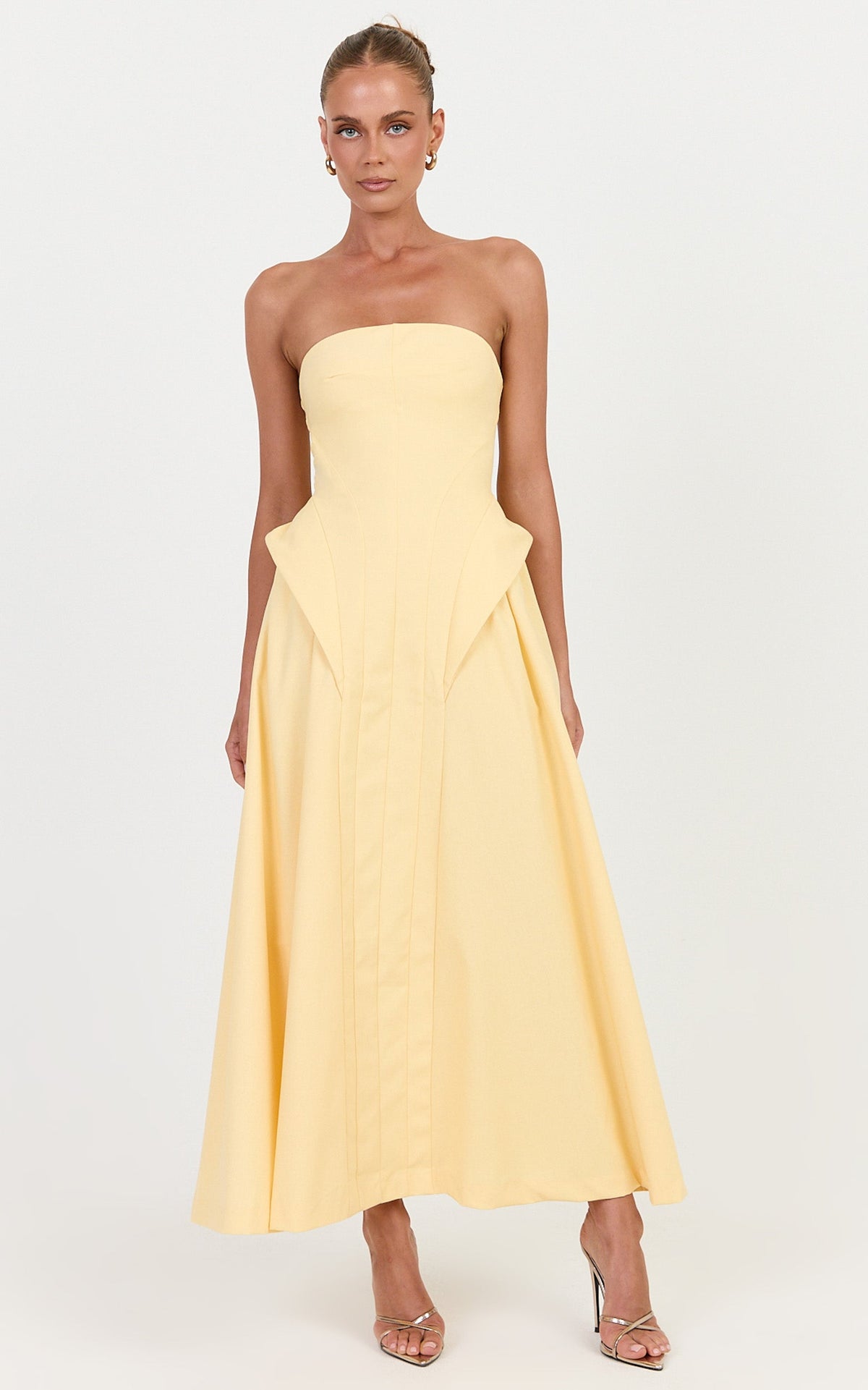 Joy Maxi Dress - Strapless Structured Dress With Gathered Hip Detail in Lemon