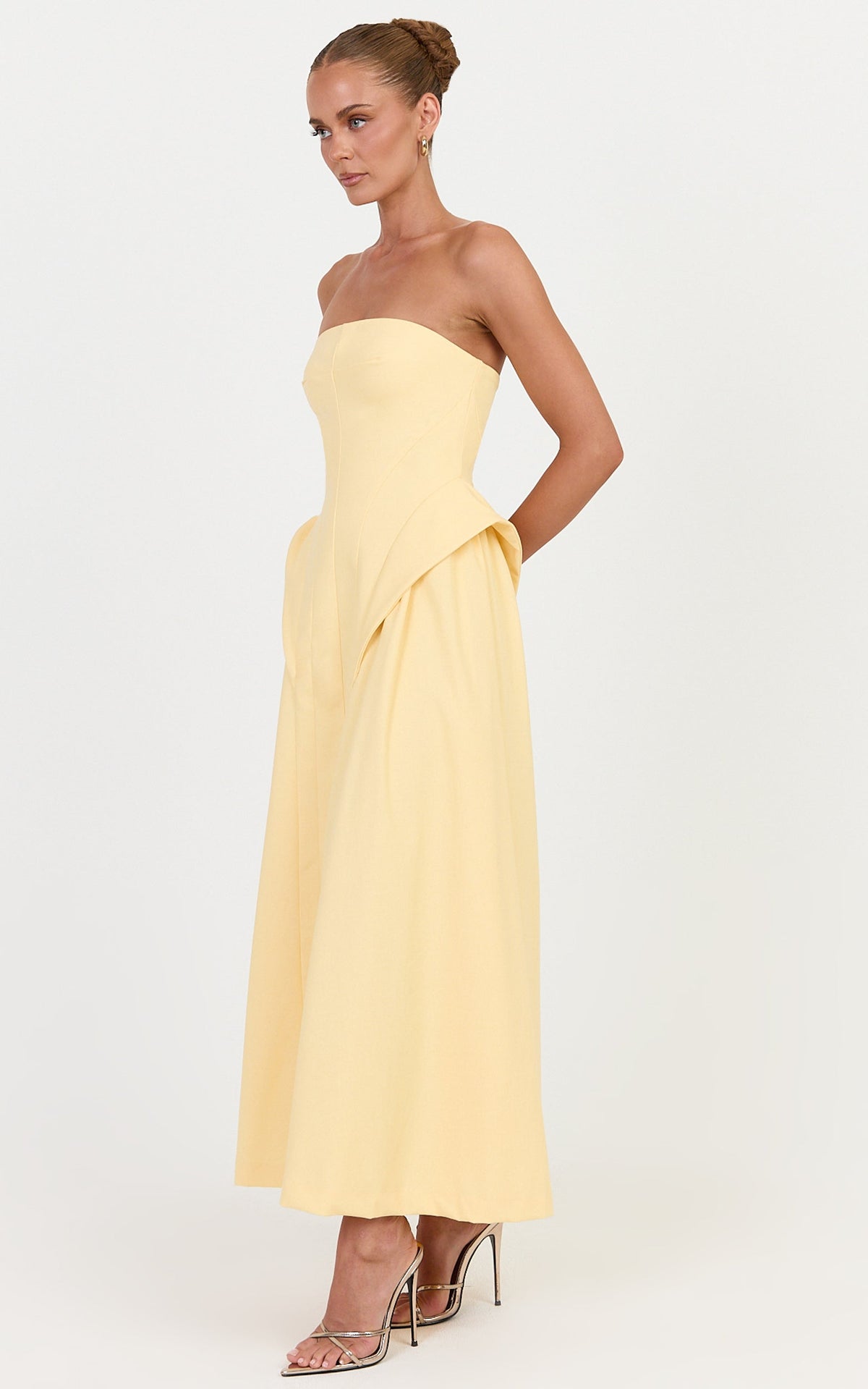 Joy Maxi Dress - Strapless Structured Dress With Gathered Hip Detail in Lemon