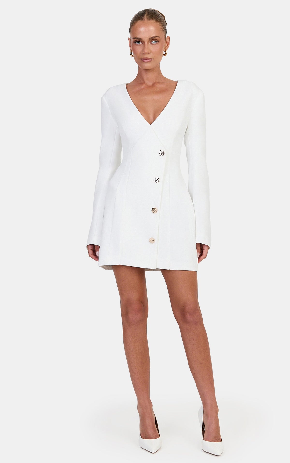 Leontine Mini Dress - Deep V Neck Faux Gold Button Front Dress in White