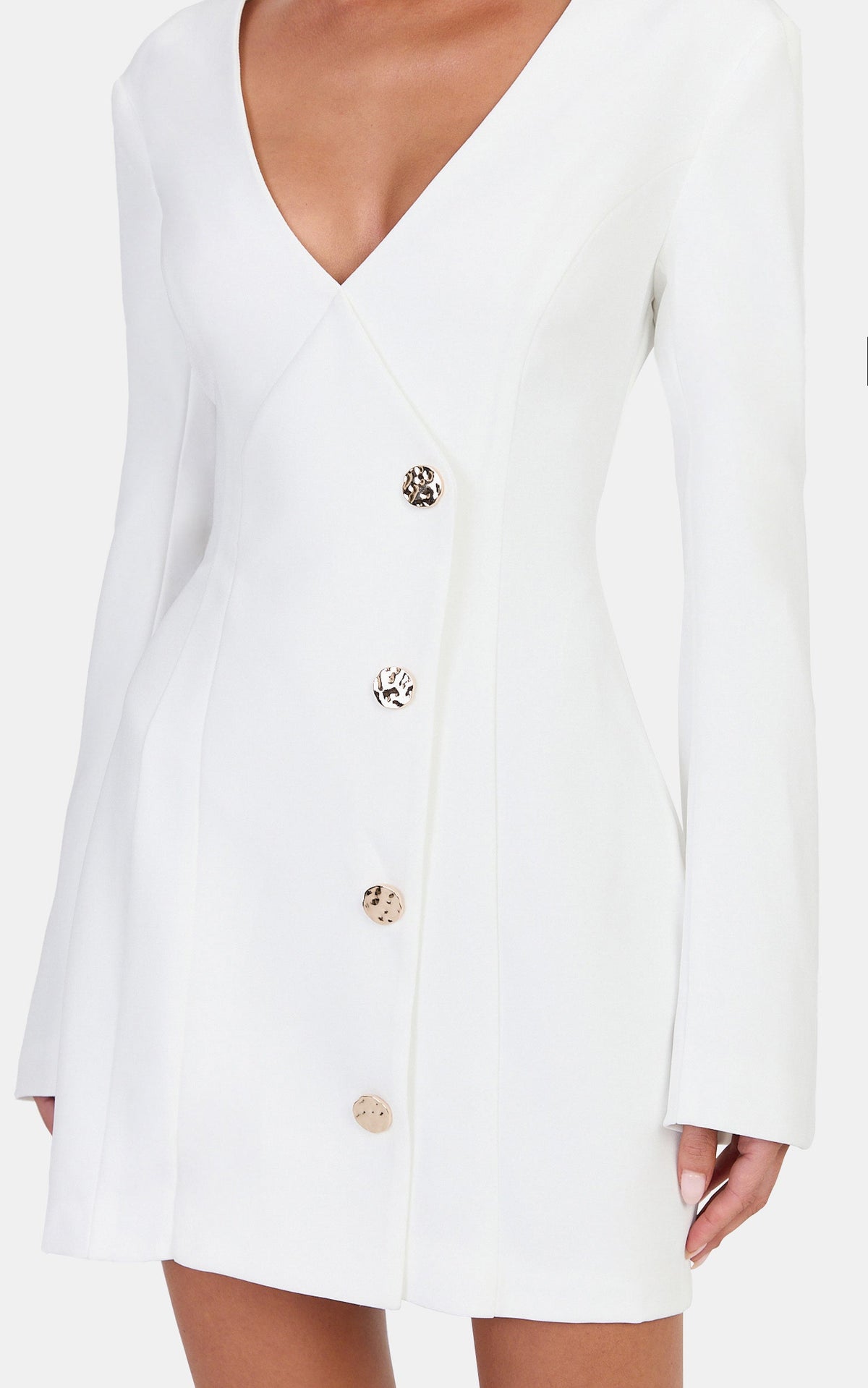Leontine Mini Dress - Deep V Neck Faux Gold Button Front Dress in White