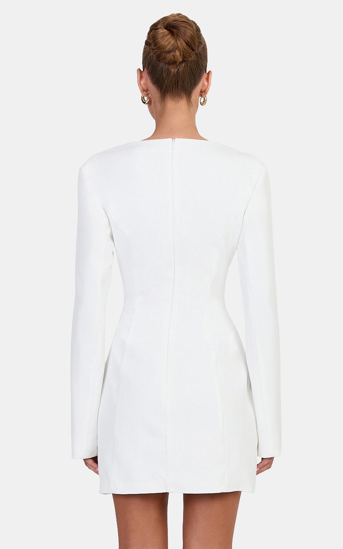 Leontine Mini Dress - Deep V Neck Faux Gold Button Front Dress in White