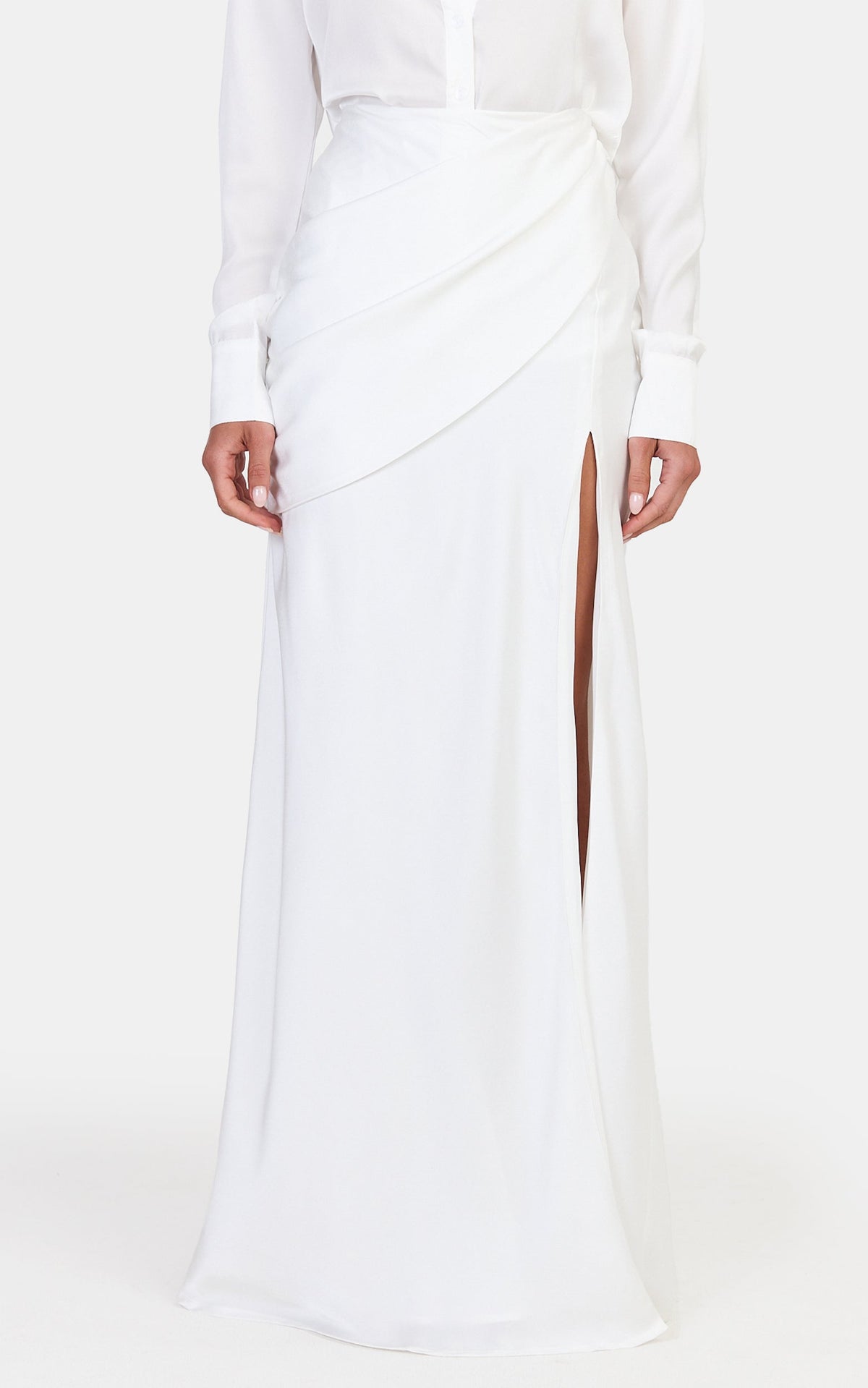 Claire Maxi Skirt - Satin Skirt With Hip Drape Detail And Leg Split in Ivory