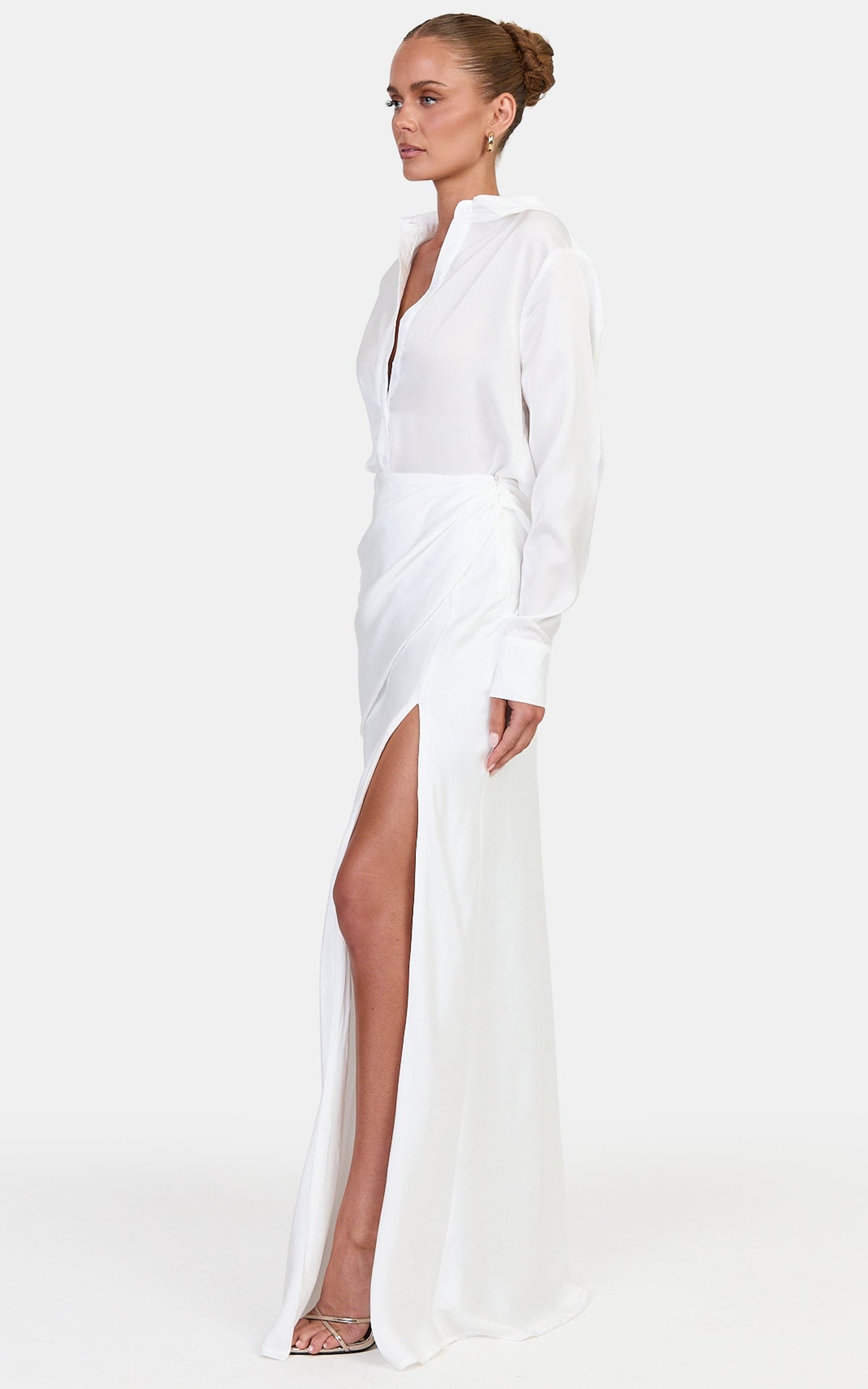 Claire Maxi Skirt - Satin Skirt With Hip Drape Detail And Leg Split in Ivory