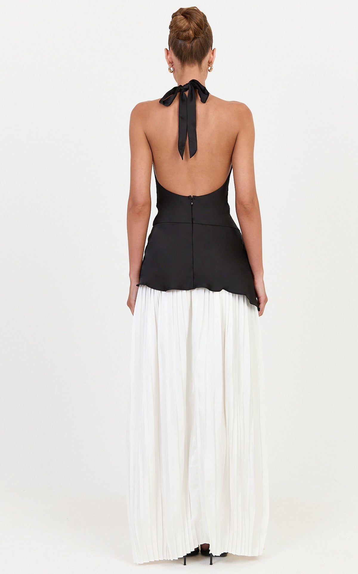 Brooklyn Maxi Dress - Plunge Halter Neck Dress With Contrast Pleated Skirt And Split in Black/Off White