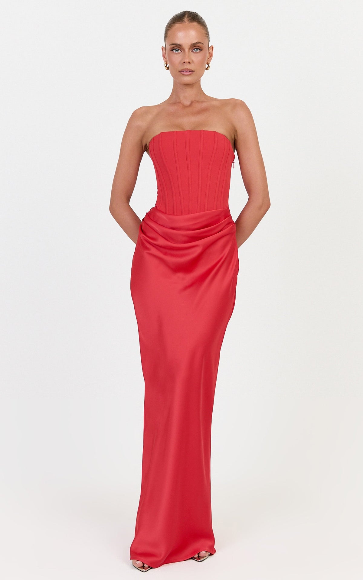 Kailani Maxi Dress - Strapless Corset Bodice Lace Up Back Dress in Red