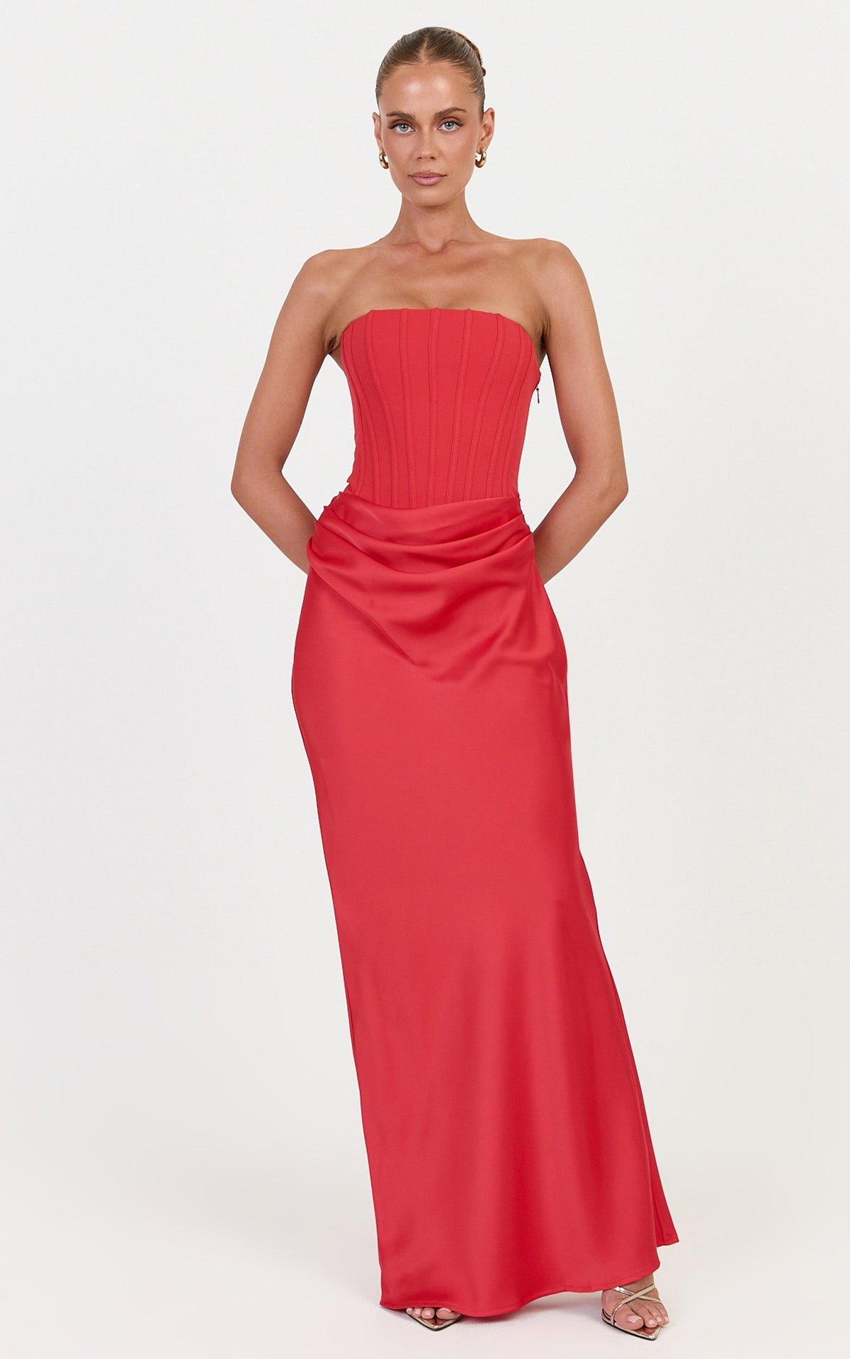 Kailani Maxi Dress - Strapless Corset Bodice Lace Up Back Dress in Red