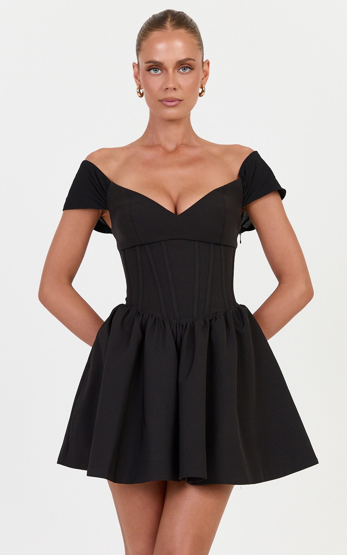Luciana Mini Dress - Corset Bodice Mini Dress With Cap Sleeves And Gathered Skirt in Black