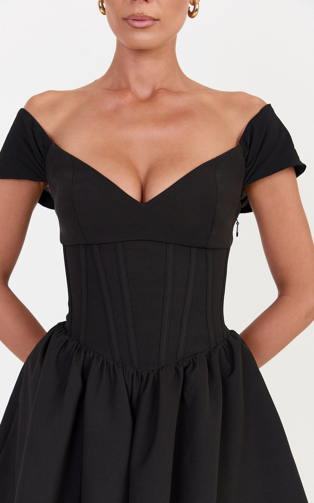 Luciana Mini Dress - Corset Bodice Mini Dress With Cap Sleeves And Gathered Skirt in Black