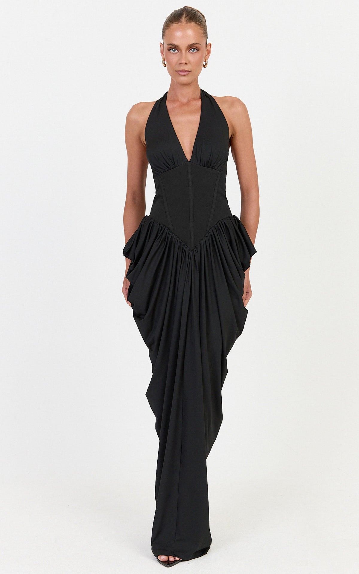Margaux Maxi Dress - Halter Neck Corset Bodice Draped Dress in Black