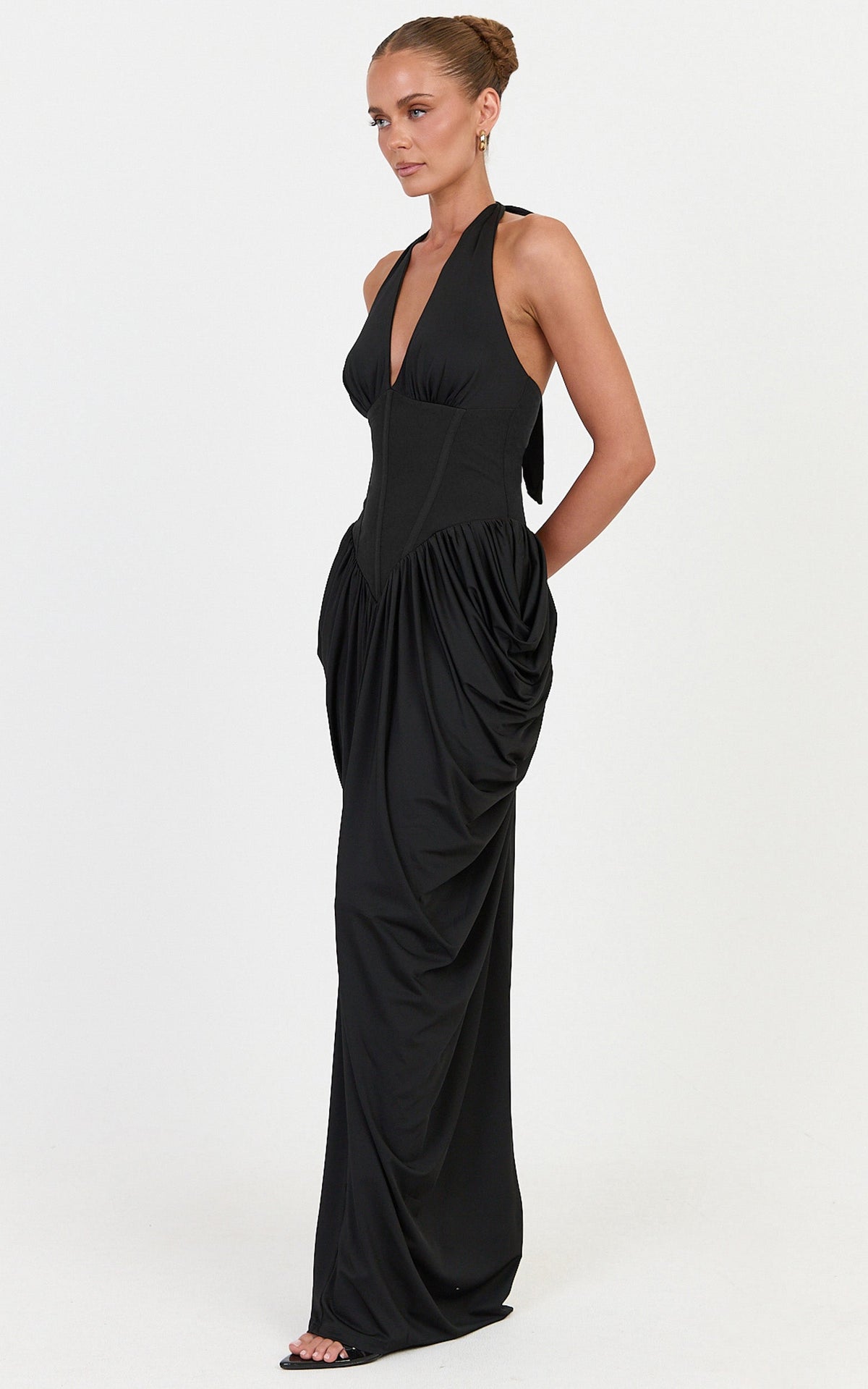 Margaux Maxi Dress - Halter Neck Corset Bodice Draped Dress in Black