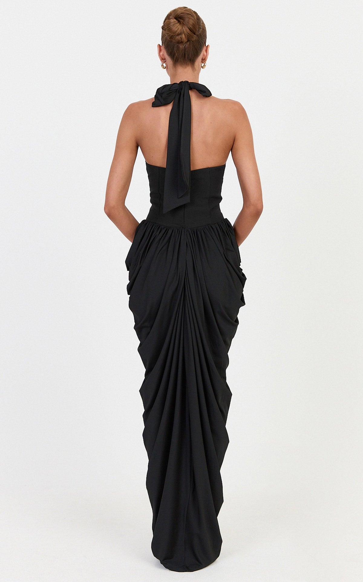 Margaux Maxi Dress - Halter Neck Corset Bodice Draped Dress in Black