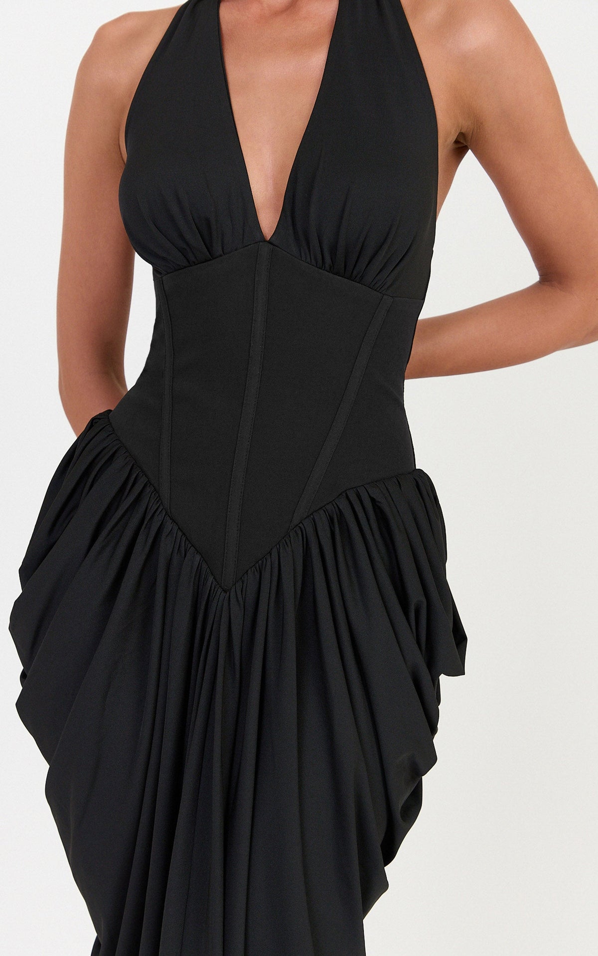 Margaux Maxi Dress - Halter Neck Corset Bodice Draped Dress in Black