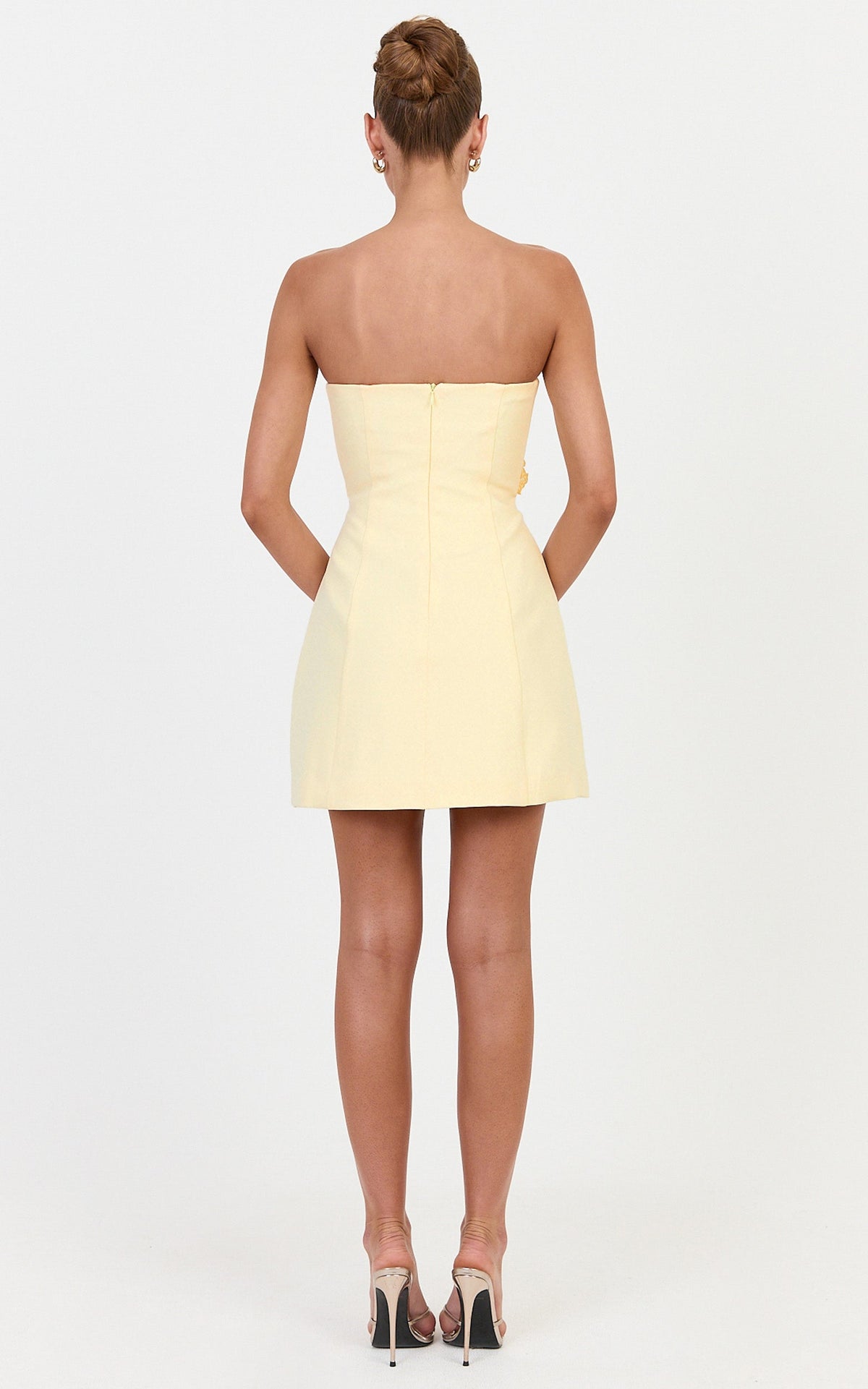 Moana Mini Dress - Strapless Floral Embellished Structured Dress in Butter Yellow