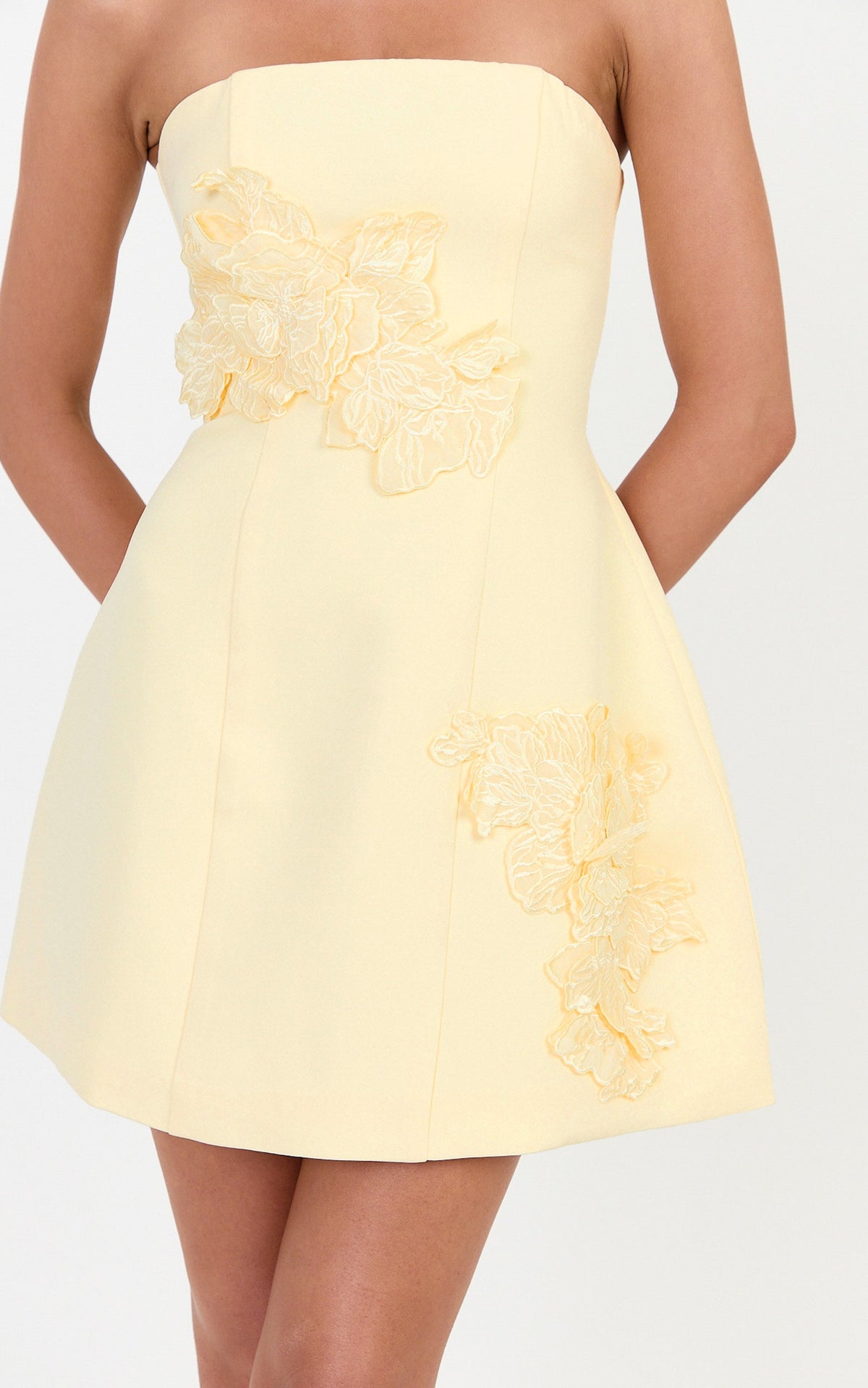 Moana Mini Dress - Strapless Floral Embellished Structured Dress in Butter Yellow
