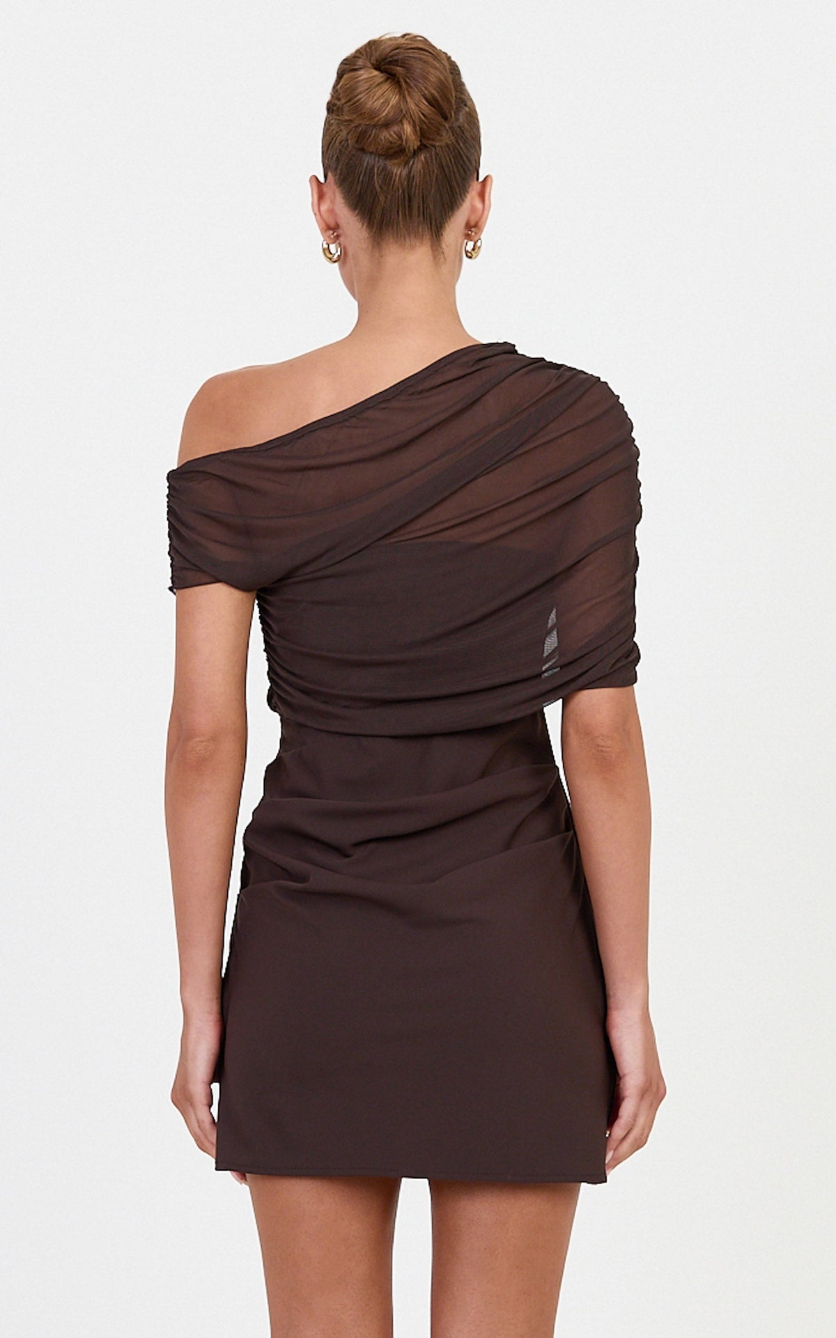 Nami Mini Dress - Overlay Off Shoulder Draped Cowl Waist Dress in Chocolate