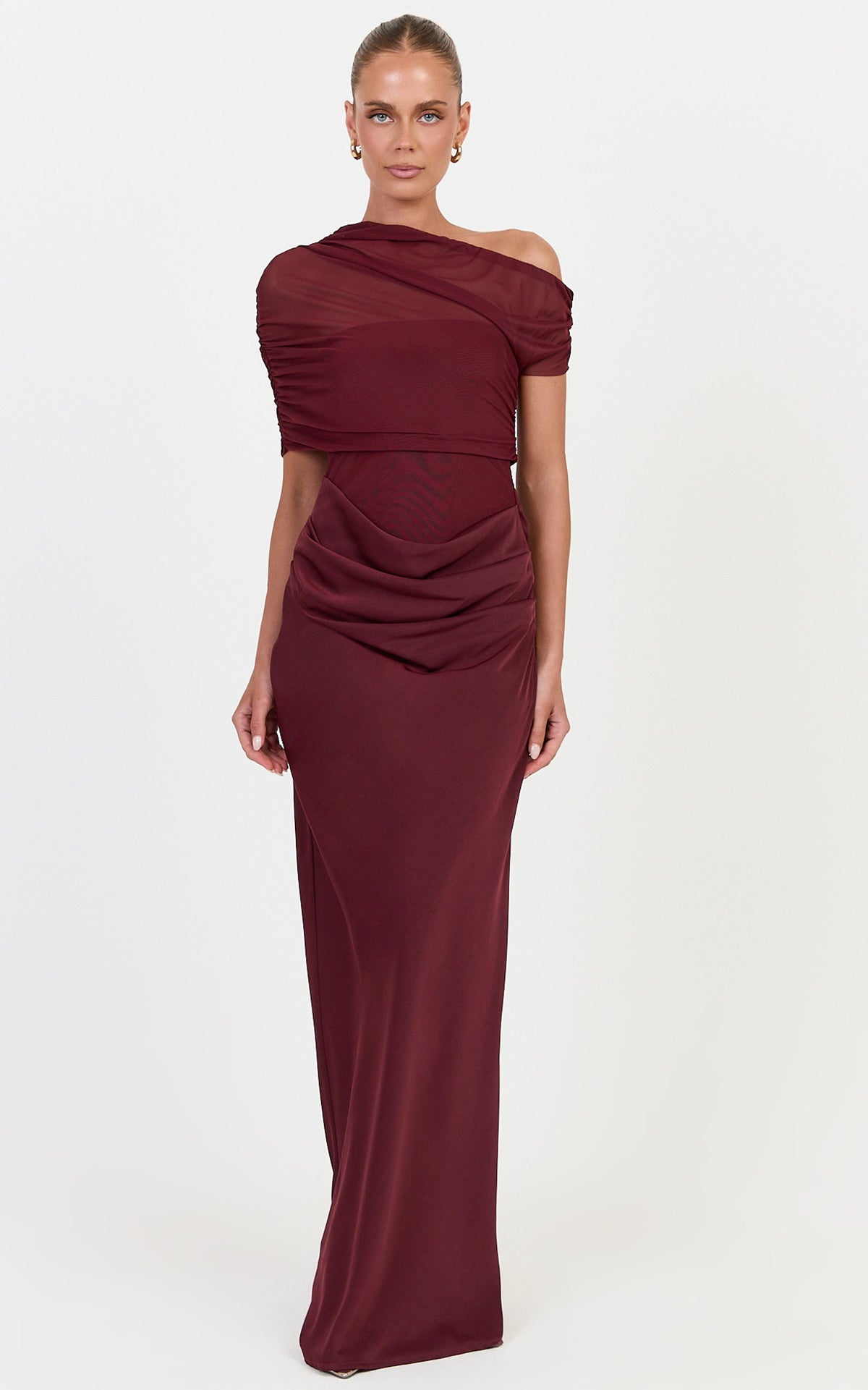 Nami Maxi Dress - Overlay Off Shoulder Draped Cowl Waist Dress in Wine