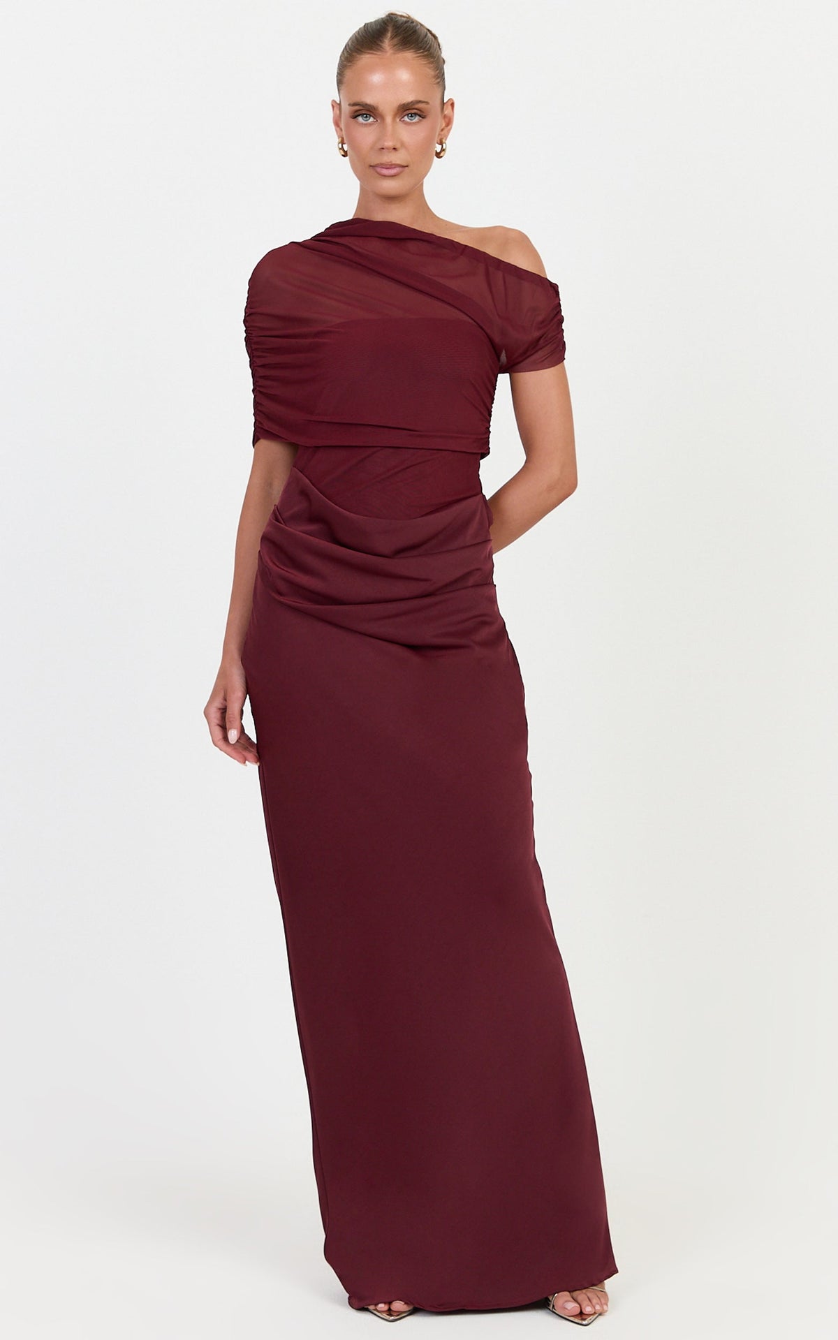 Nami Maxi Dress - Overlay Off Shoulder Draped Cowl Waist Dress in Wine
