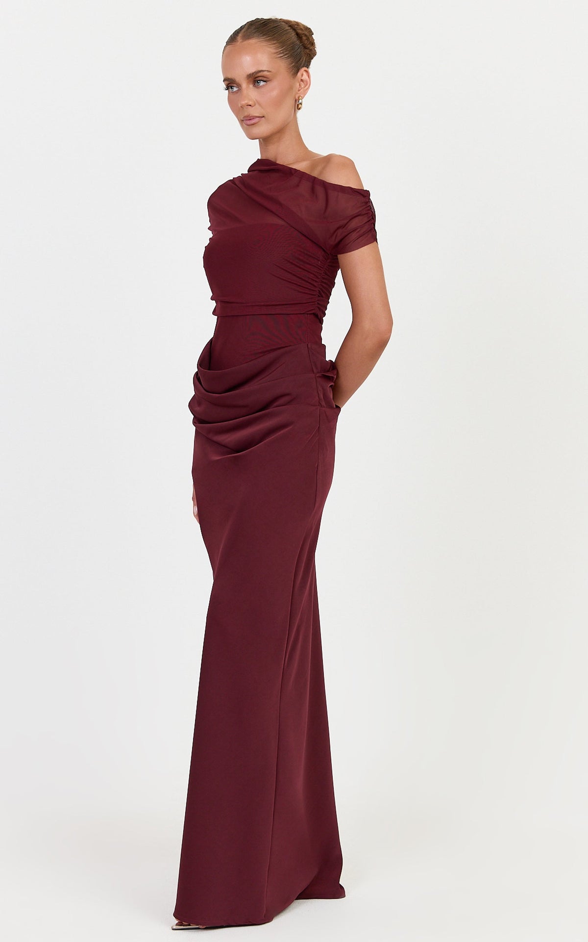 Nami Maxi Dress - Overlay Off Shoulder Draped Cowl Waist Dress in Wine