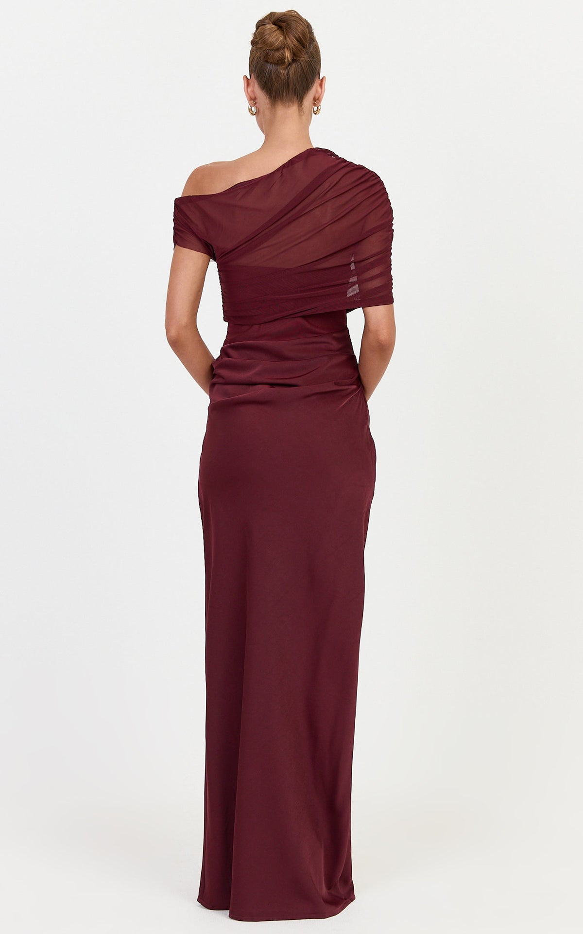 Nami Maxi Dress - Overlay Off Shoulder Draped Cowl Waist Dress in Wine