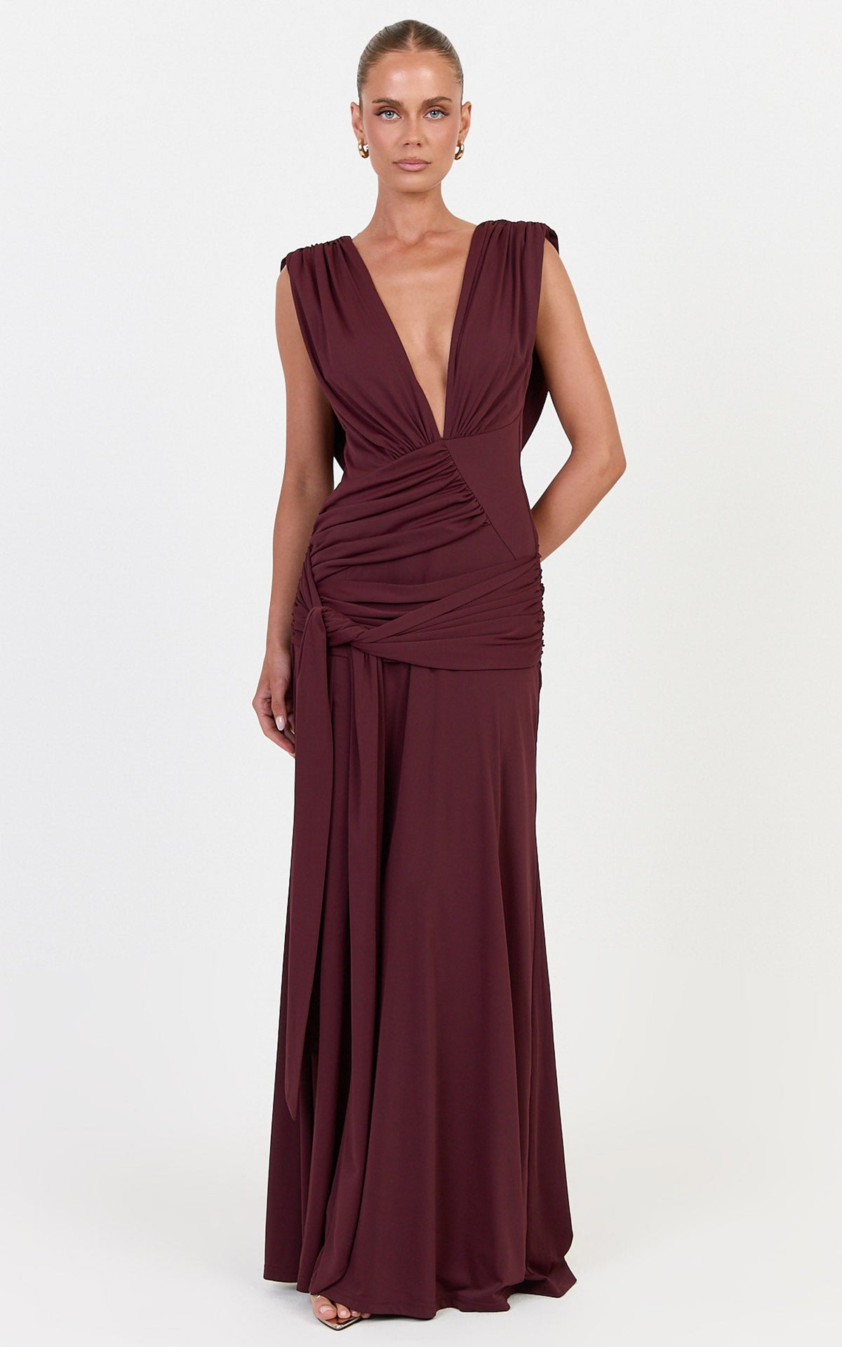 Paisley Maxi Dress - Deep V Plunge Neck Dress With Asym Hip Drape And Leg Split in Plum