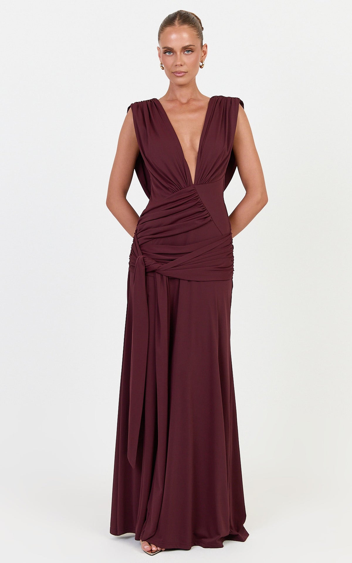 Paisley Maxi Dress - Deep V Plunge Neck Dress With Asym Hip Drape And Leg Split in Plum