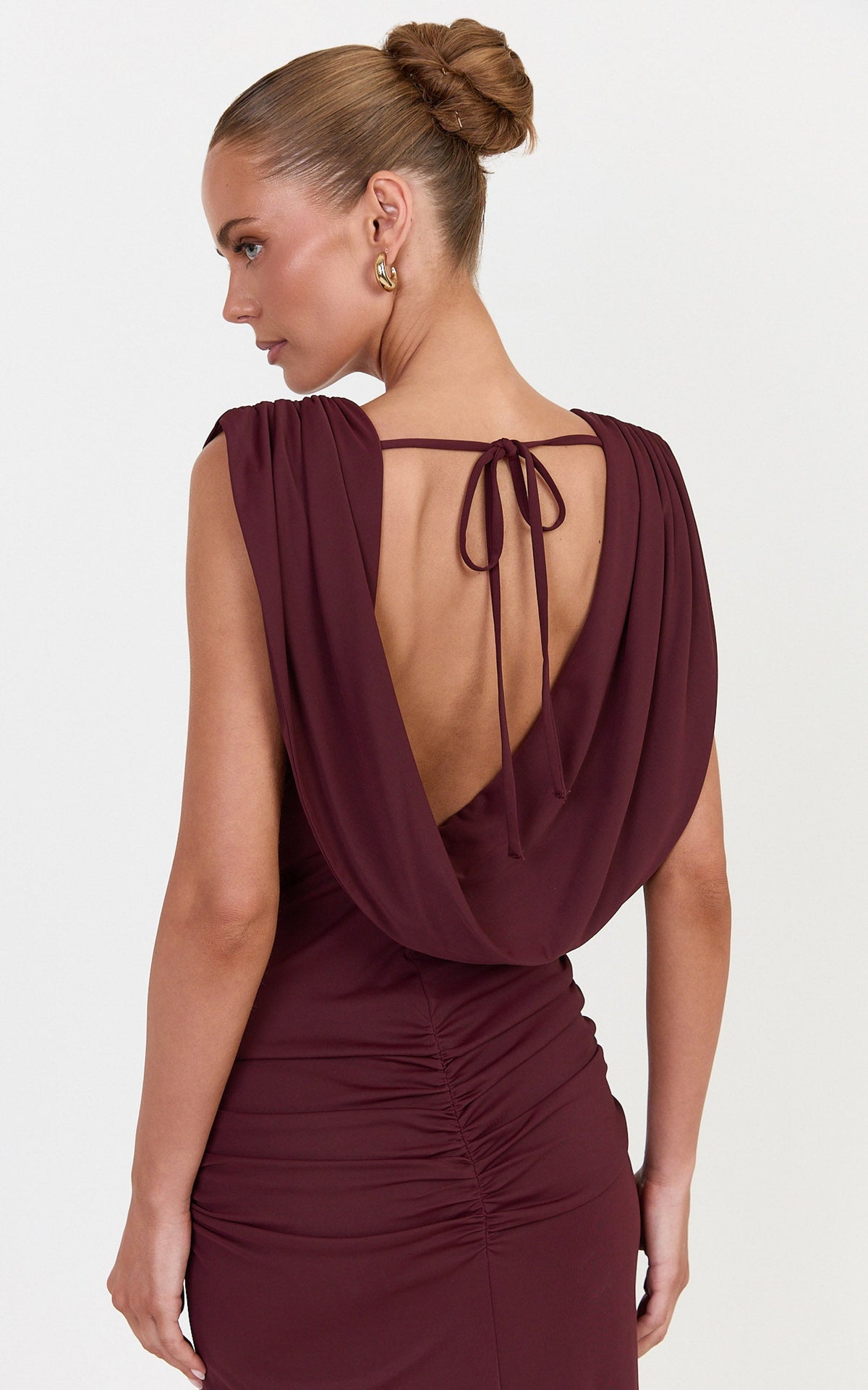 Paisley Maxi Dress - Deep V Plunge Neck Dress With Asym Hip Drape And Leg Split in Plum