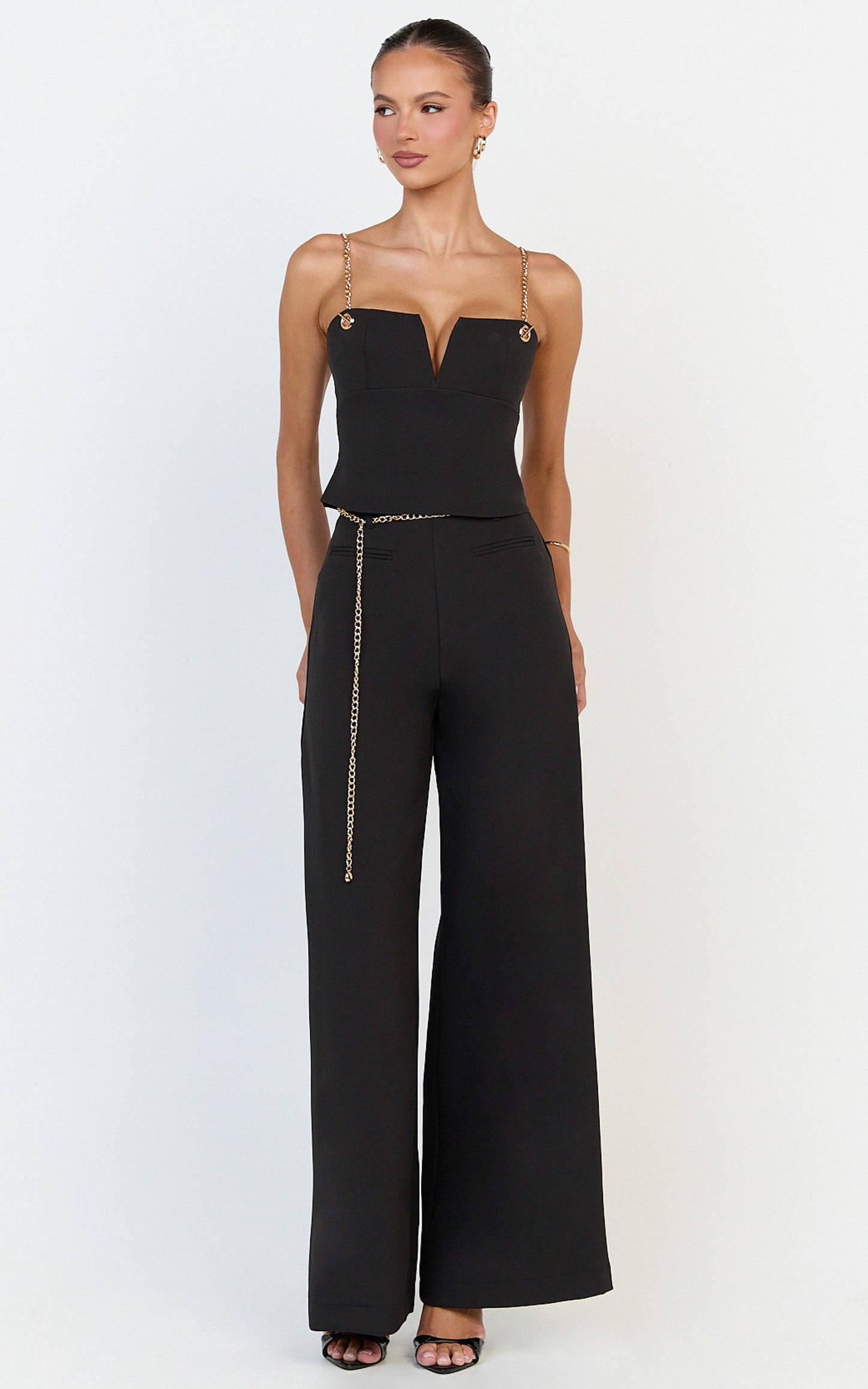 Miren Pants - High Waist Wide Leg Pants With Removable Gold Chain Belt in Black