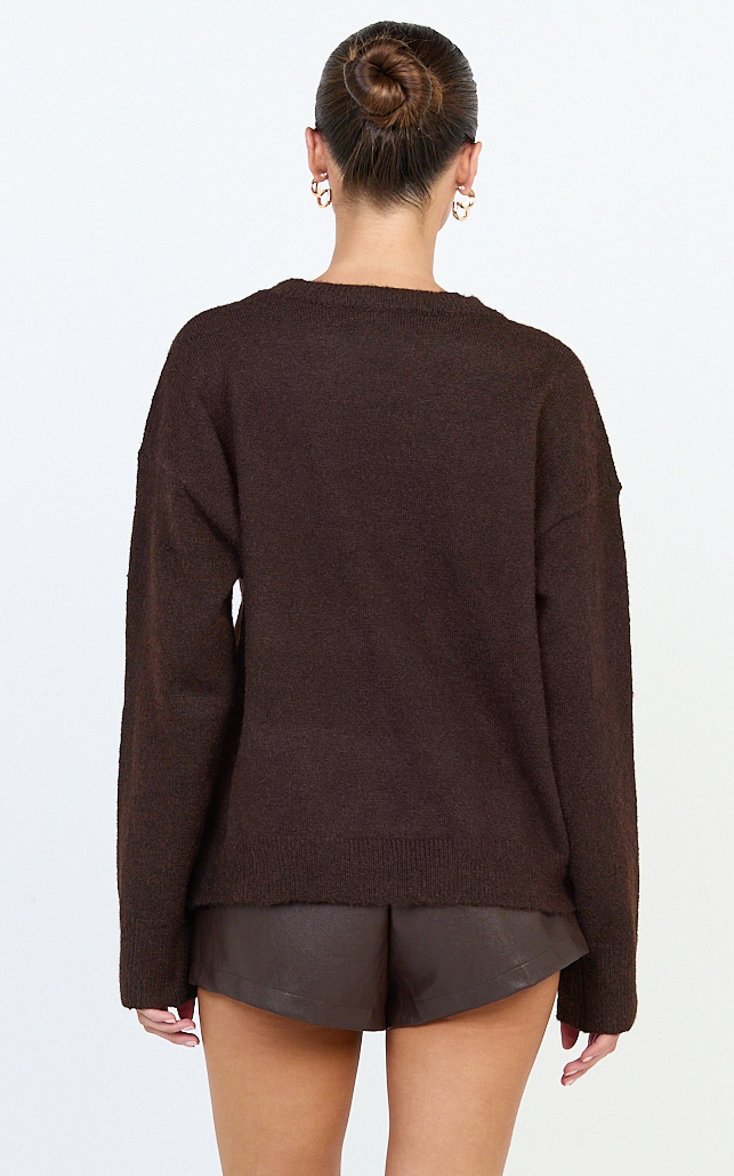 Amanda Top - Crew Neck Long Sleeve Knit Sweater in Chocolate