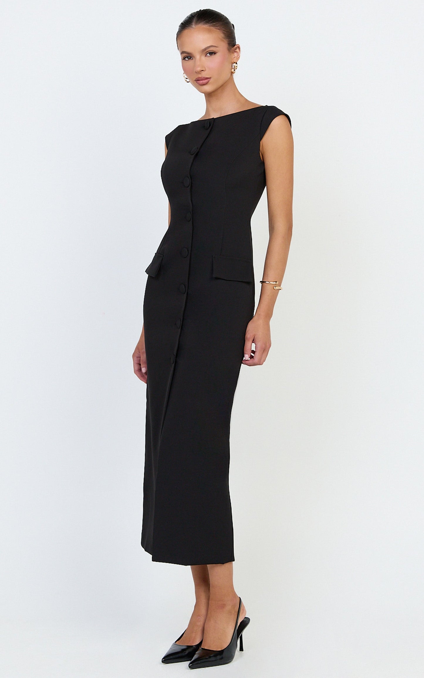 Calista Midi Dress - Boat Neck Button Down Pencil Dress in Black