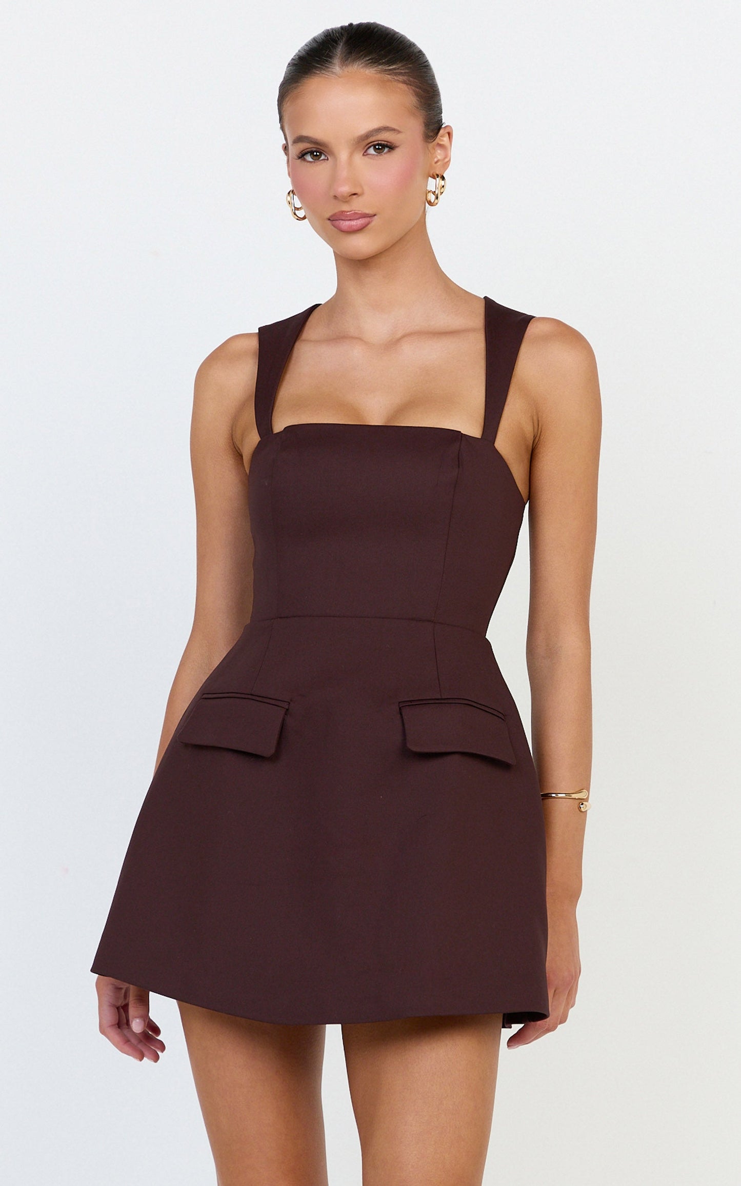 Garrett Mini Dress - Square Neck Fit And Flare Dress in Dark Chocolate