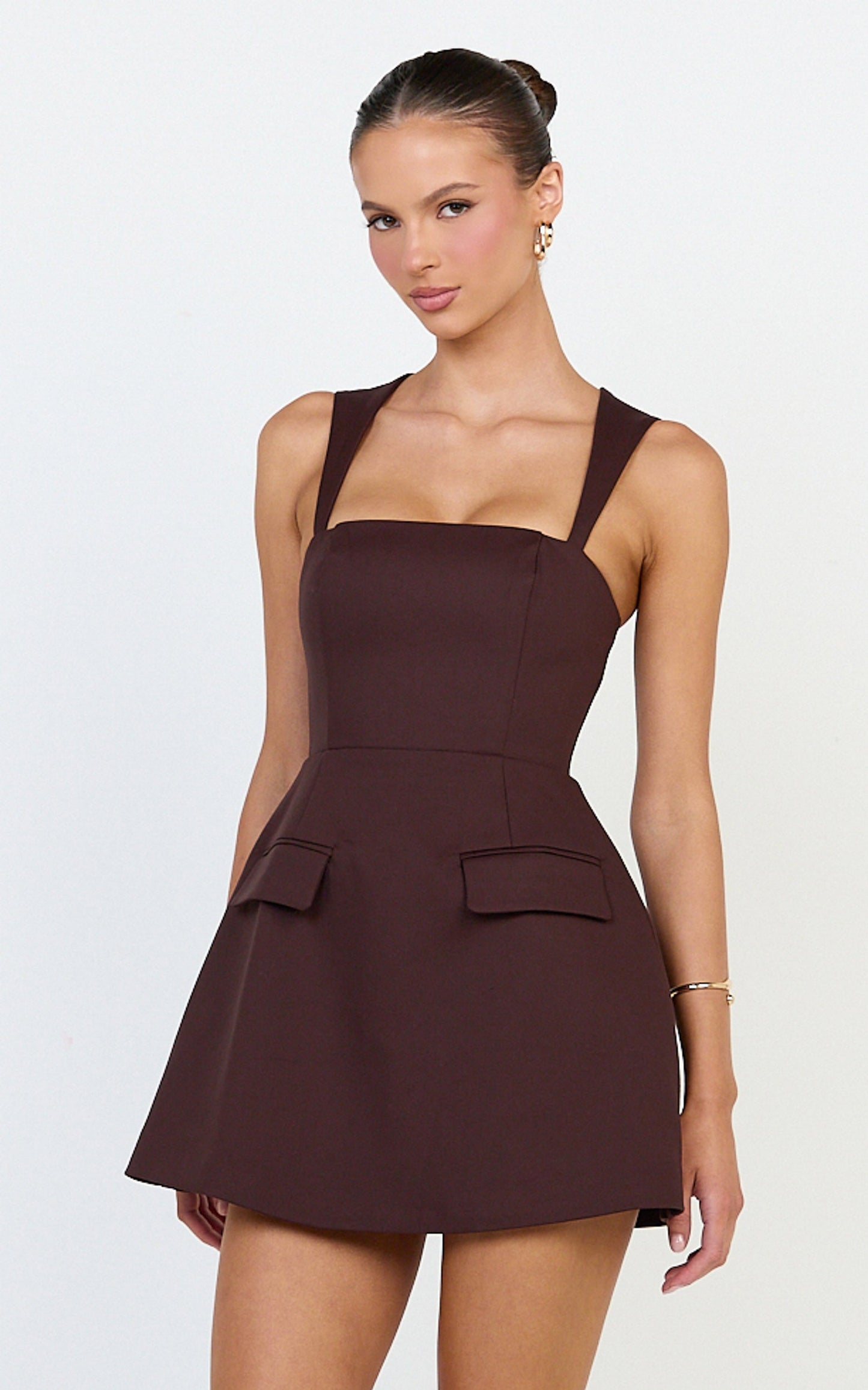Garrett Mini Dress - Square Neck Fit And Flare Dress in Dark Chocolate