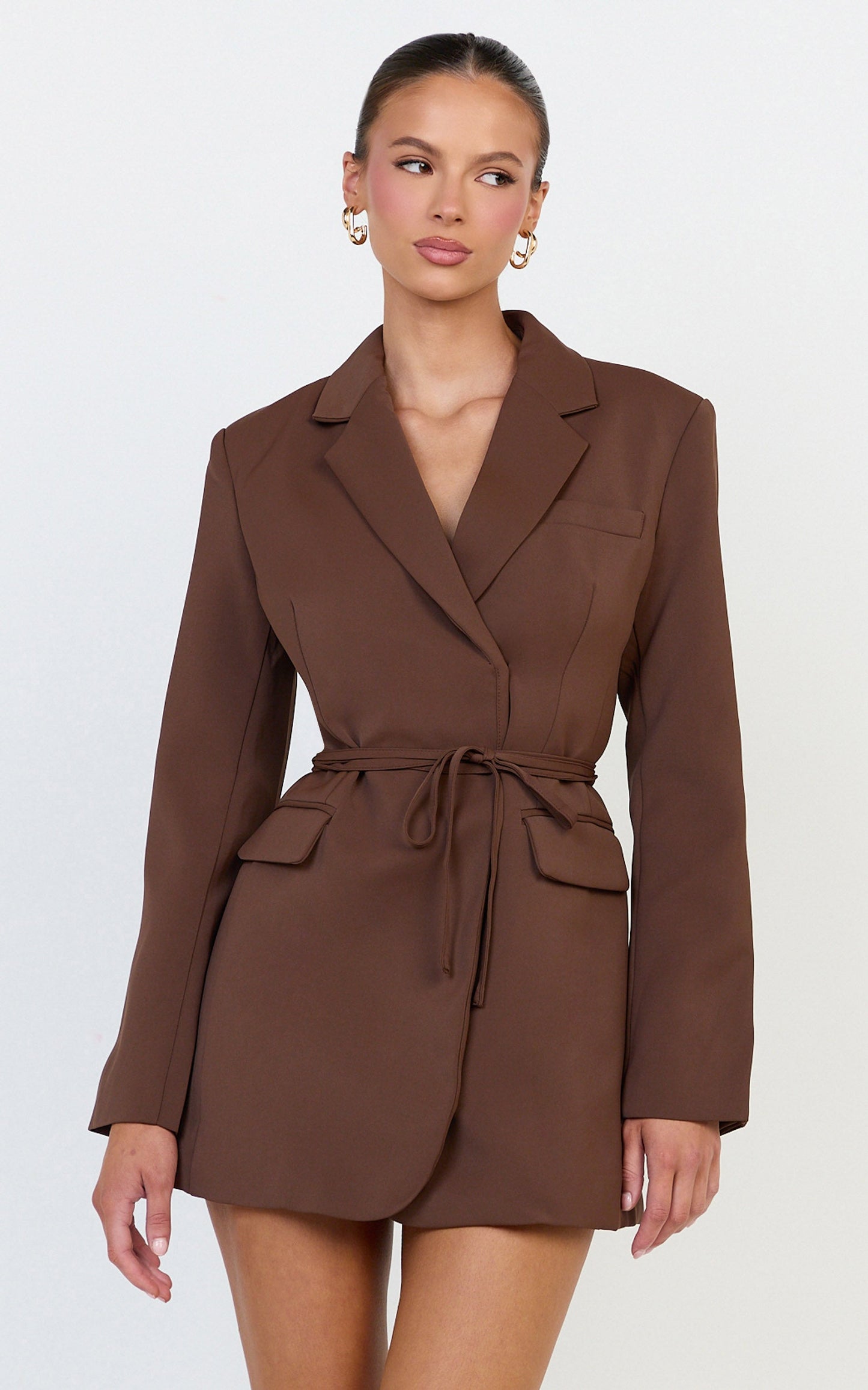 Harlee Mini Dress - Belted Cinch Waist Blazer Dress in Mocha
