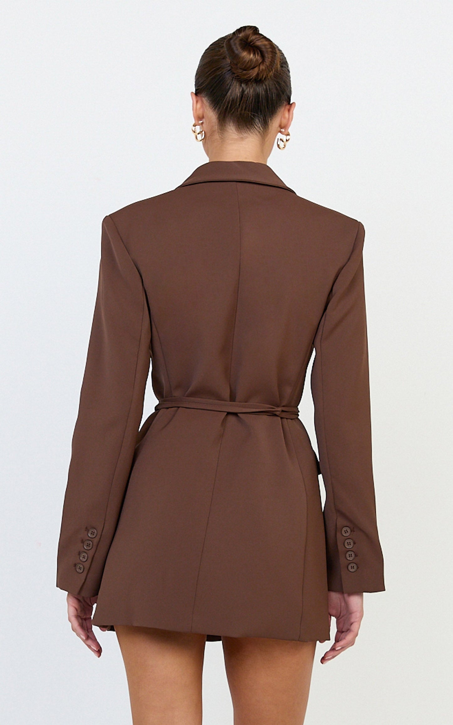 Harlee Mini Dress - Belted Cinch Waist Blazer Dress in Mocha