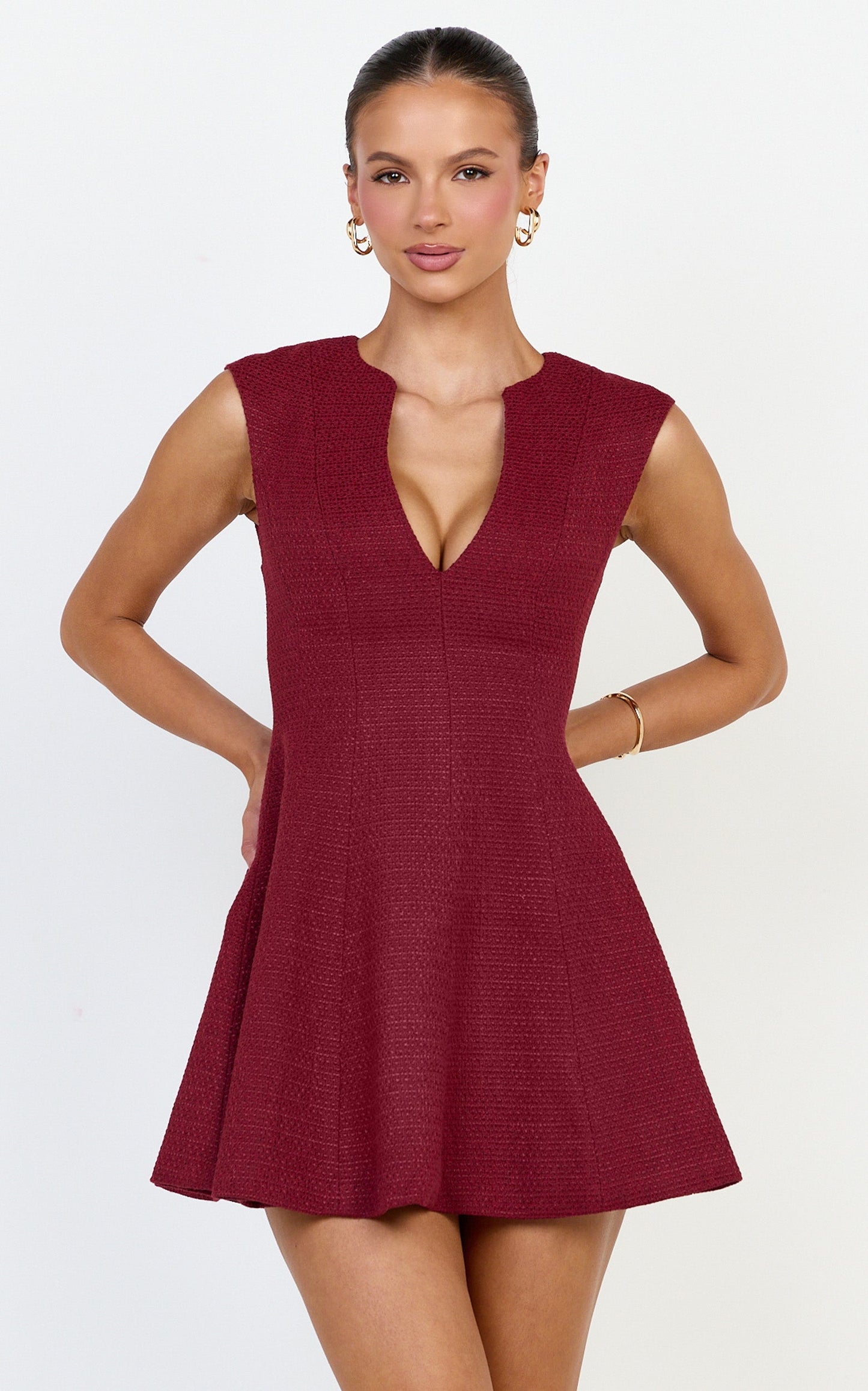 Nelson Mini Dress - Low Cut Boucle Fit & Flare Mini Dress in Wine