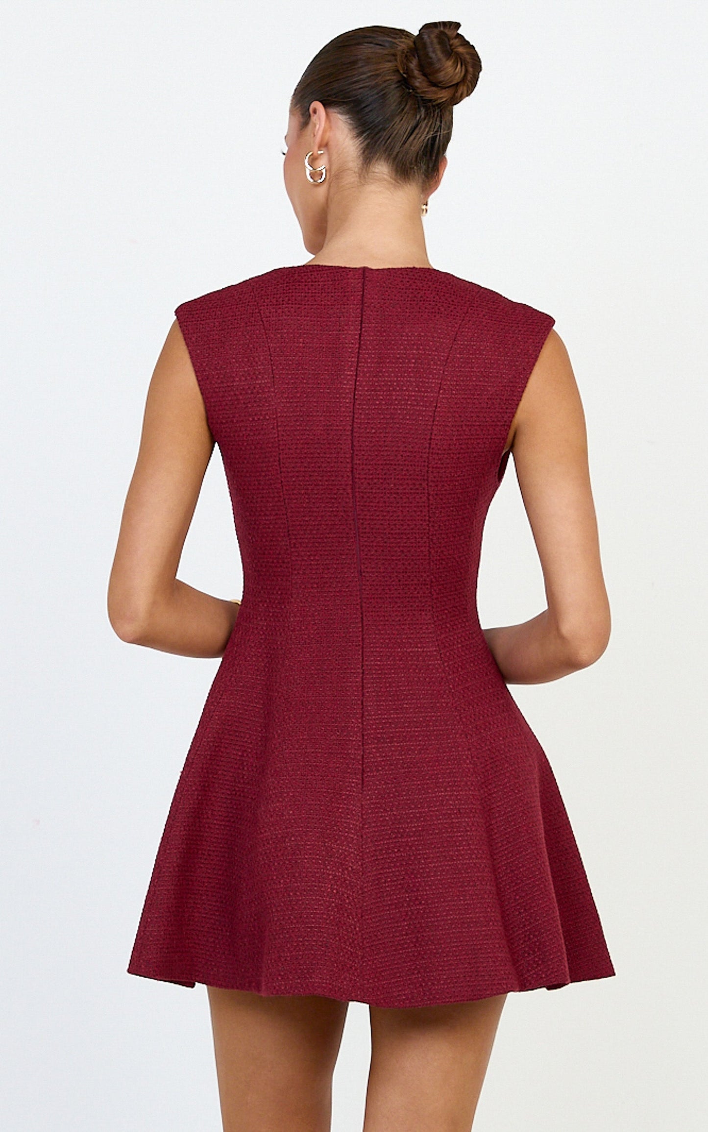 Nelson Mini Dress - Low Cut Boucle Fit & Flare Mini Dress in Wine