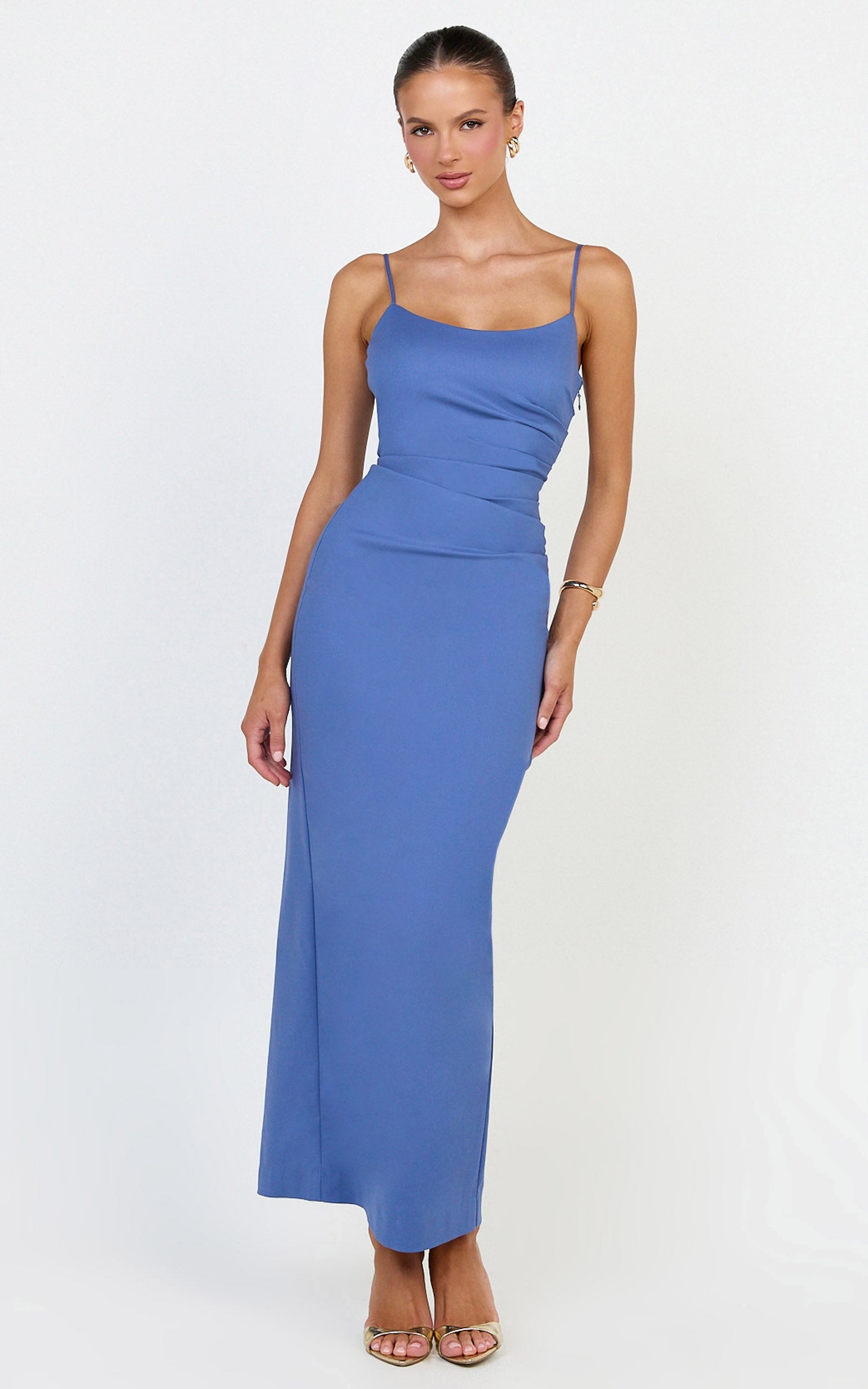 Liora Maxi Dress - Low Back Scoop Neck Pin Tucked Dress in Steel Blue
